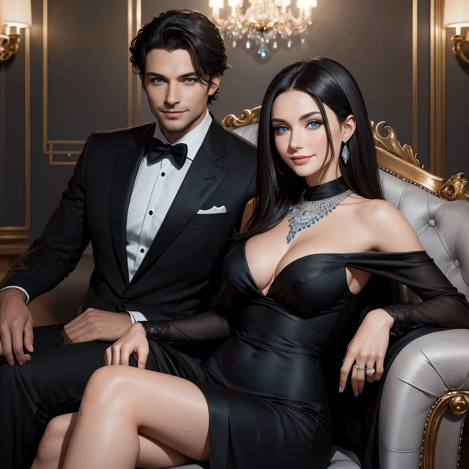 A beautiful woman with blue eyes and black hair dressed in a tight black dress sitting in an elegant armchair, holding a huge diamond with a smile and next to her a man with gray eyes and a gray suit with jet brown hair and in the background is an elegant place with diamonds hidden everywhere 