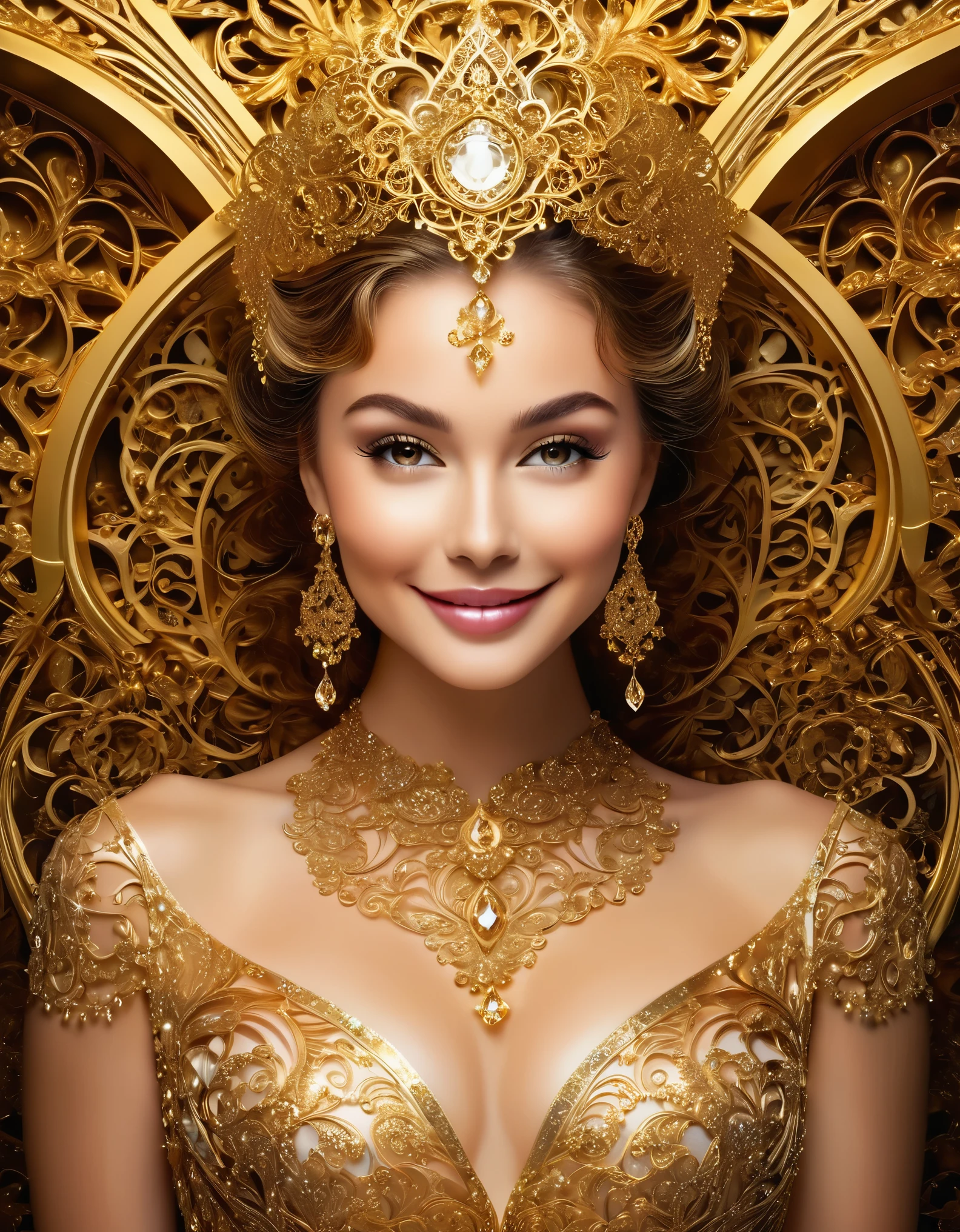 A glamorous woman with a mischievous grin and a touch of sparkle on her cheek, surrounded by ornate golden filigree designs and fractal details.