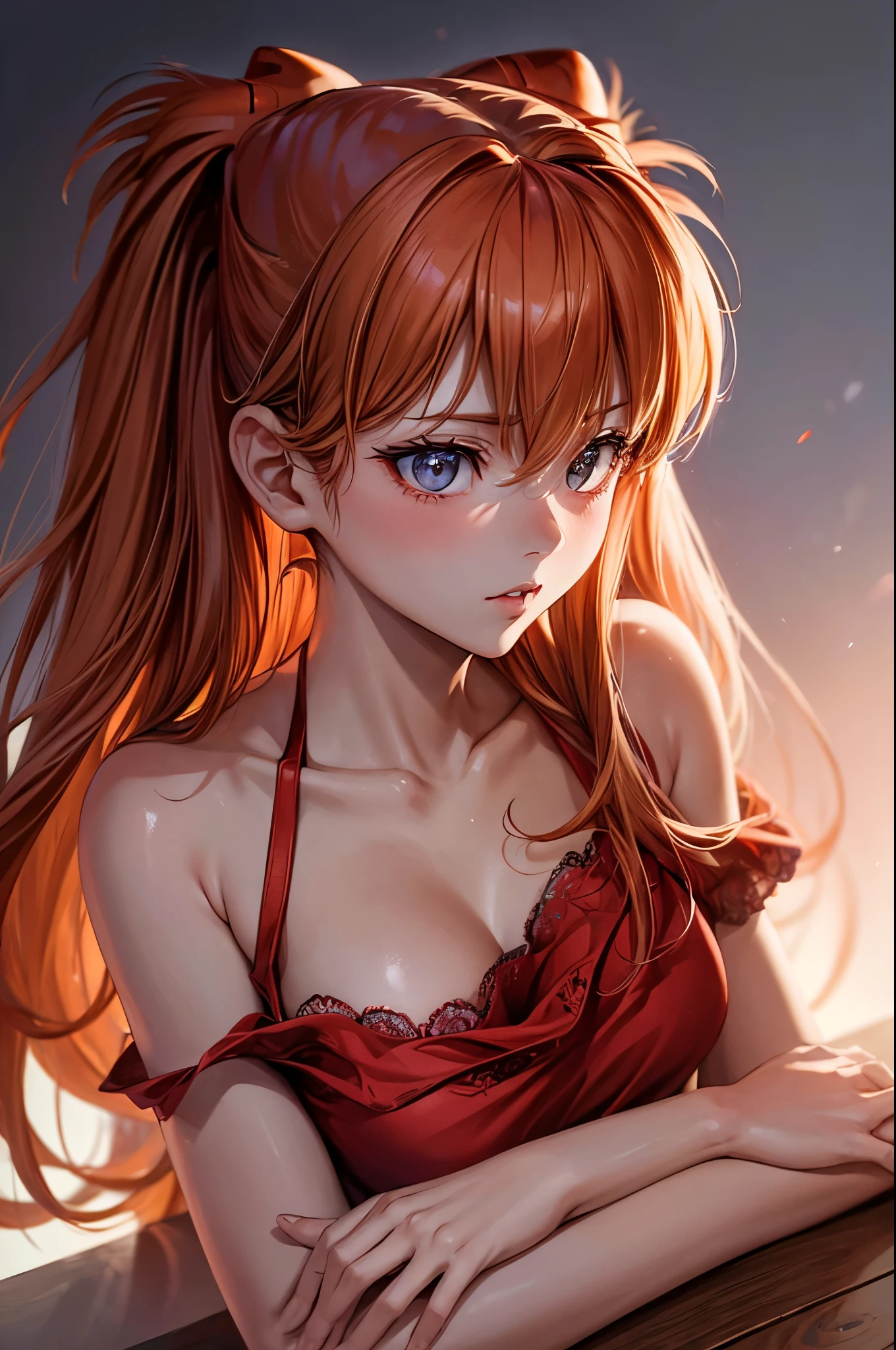 (((Soryu Asuka Langley))), 1 girl, detailed and beautiful eyes,dense and beautiful lips, highly detailed eyes and face, long eyelashes, medium chest、oil, Bright colors, HDR, studio lighting, Ultra-fine painting, sharp focus, Physically based rendering, extreme details, portrait, curved body, perfect shape, Face-to-face audience, sweaty, nice, Half-body photo, displayed in full frame, lace sexy underwear,babydoll