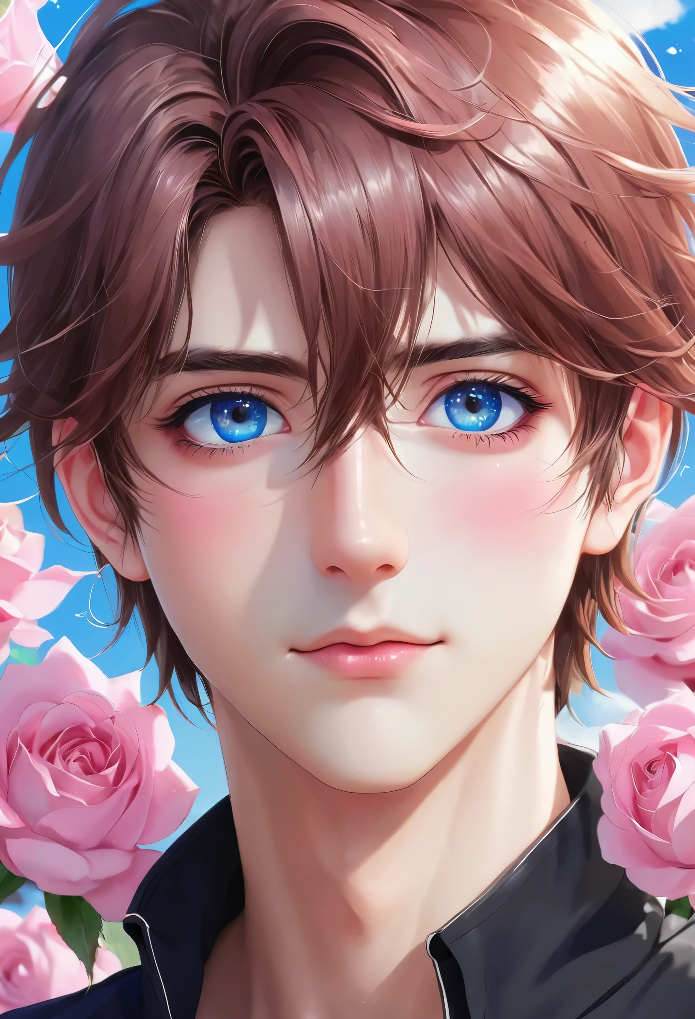 (Young man) (heterocromia) (blue eye and pink eye) (brown hair a little long) (ilustration) (Anime) (long eyes lashes) (a little smile) (blue roses) (Black clothes)