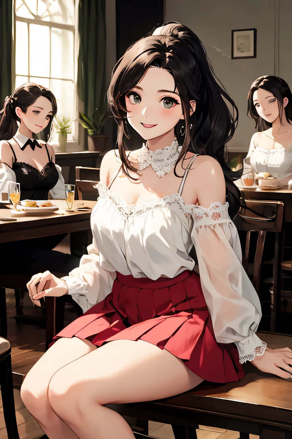 highest quality、High resolution、detailed background、Beautiful and dense face、beautiful and smooth skin、skin texture、cute10代の美少女、(three women)、huge breasts、perfect body line、braided ponytail、cute髪型、cowboy shot、
He looked at me with a happy expression.、smile、laughter、sexual expression、Upper body、Tea time at the cafe、(three womenが可愛いカフェでおしゃべりを楽しみながらケーキやスイーツを味わう:1.5)、
Elegant lace top and flared skirt combination、
For tops, choose white or pastel-colored lace.、Create a feminine silhouette with a flared skirt.、
Pair it with sandals or heels to make your feet look light..、
If the lace top is see-through, Wear it elegantly by layering it with an inner camisole..、
Combination of lace blouse and pleated skirt、
Choose a lace blouse in a soft color and add feminine movement with a pleated skirt.、
Adding lace to the sleeves and collar of the blouse makes it even more cute.、
Cool lace camisole and midi skirt combination、
Choose a colorful lace camisole、Add elegance with a midi skirt。、
Tighten up your outfit by choosing foot accessories such as sandals and heels..、
ミディスカートは軽やかな素材がおすすめで動くたびに揺れる様子がcuteです、
cute