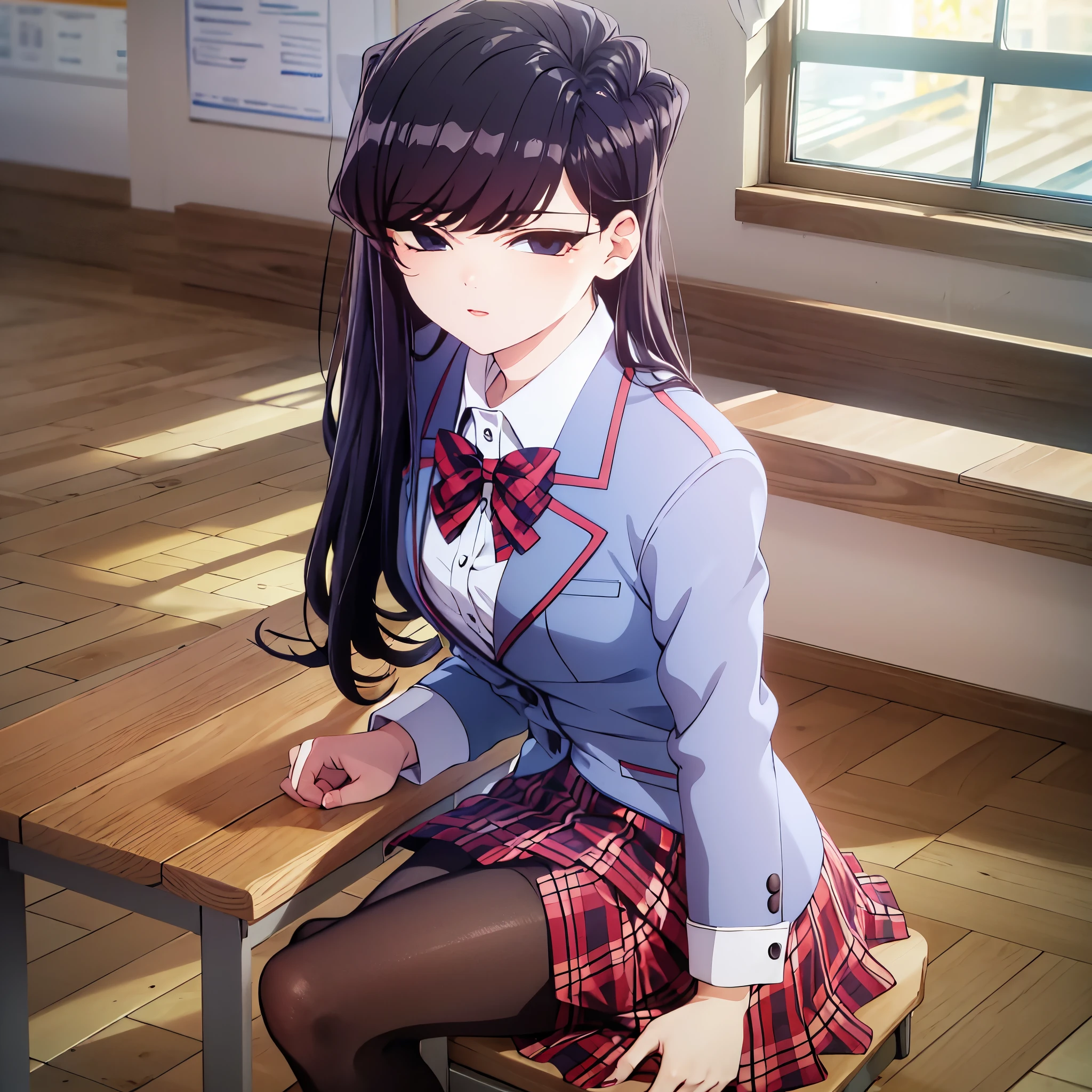 komiShouko, masterpiece, best quality, absurdres, 1girl, looking at viewer, v arms, pantyhose, classroom, school uniform, red skirt, red bow, blazer, window, sitting, chair, crowd,crossing legs,medium thighs.