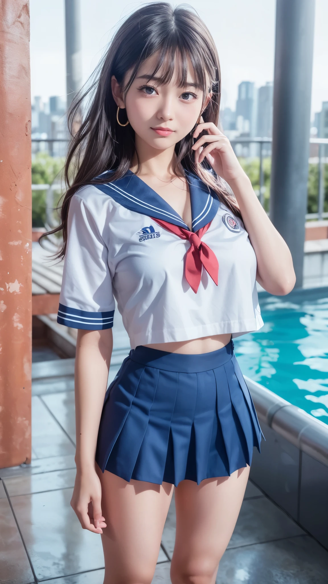 (best quality, 8k, 32k, masterpiece, UHD:1.2), (RAW photo), (realistic), (photorealistic:1.2), (high resolution), huge filesize, ultra-detailed, extremely beautiful face & eyes, 1girl, japanese elementary school student,14yo, 13yo, 12yo, round small face, baby face, thin waist, large breasts, slim proportions, thin thighs, (darkblue pleated mini skirt, japanese sailor, sailor fuku, serafuku, japanese school sailor suit), (nice hands, perfect hands), sweaty, shy smile, pure white teeth, from below, blue sky, skyscraper, rooftop at dawn, summer, pool side, outdoor,