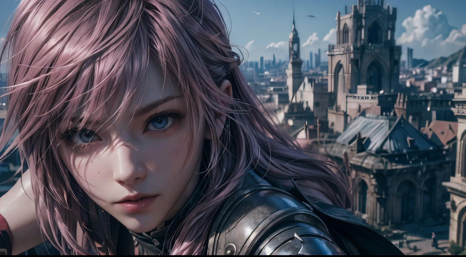 Ultra-realistic capture, Highly detailed, High resolution 16k close-up of human skin、 pink hair、red purple mesh、wield a sword、 Rin々Nice face、Background of a collapsing city