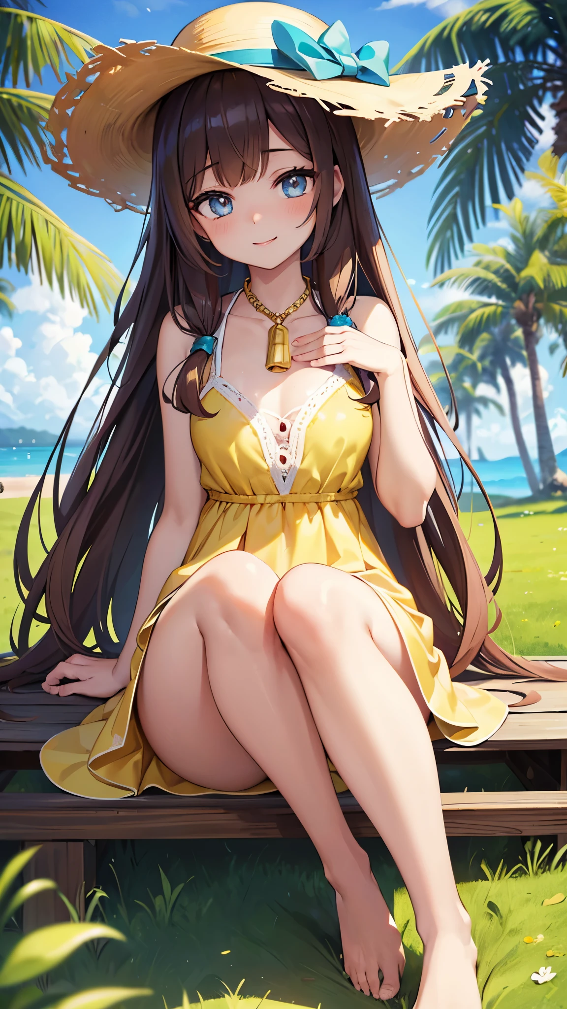 a woman,
{oily skin},{{kind face}},{{{{tareme}}}}, gentle personality, hourglass figure, rosy cheeks, smile, short yellow dress, beach hat,
accessories, jewelry, ornaments,
big chest, good morning,
beautiful legs, barefoot on the grass, long brown hair with curlers, simple park background, high quality, best quality, ultra detailed, ((extremely detailed)), 8K, beautiful, (beautiful detailed eyes), (shiny skin: 1.3 ), (perfect lighting), looking at the viewer
art cg, masterpiece, (anime image: 1.3), best quality, 8k, cute hands, perfect hands, perfect anatomy, dynamic angle,
high quality, best quality, ultra detailed, ((extremely detailed)), 8K, beautiful, beautiful lips, (beautiful and detailed eyes), (bright skin: 1.3), (perfect lighting, side lighting, light leak), viewer looking