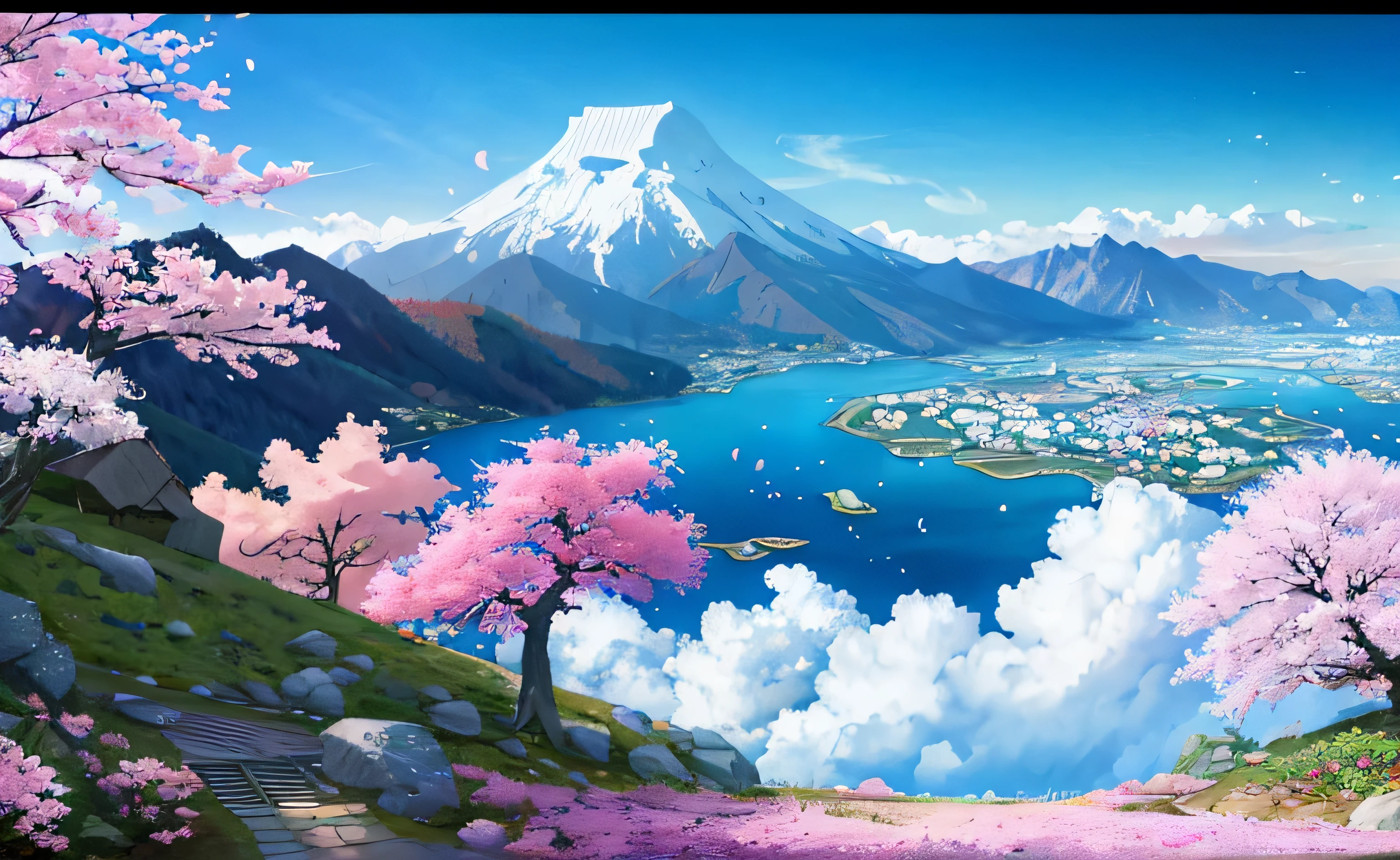 masterpiece, 最high quality, high quality,very detailed CG unity 8k wallpaper, A paradise-like place, village next to the mountain, beautiful lake , flowers, field , Depth of written boundary, HDR, bloom, chromatic aberration ,realistic,very detailed, art station trends, Trending on CGsociety, Complex, high detail, dramatic, art on the road、cherry blossoms、cherry blossomsがたくさん、 Fuji Mountain、