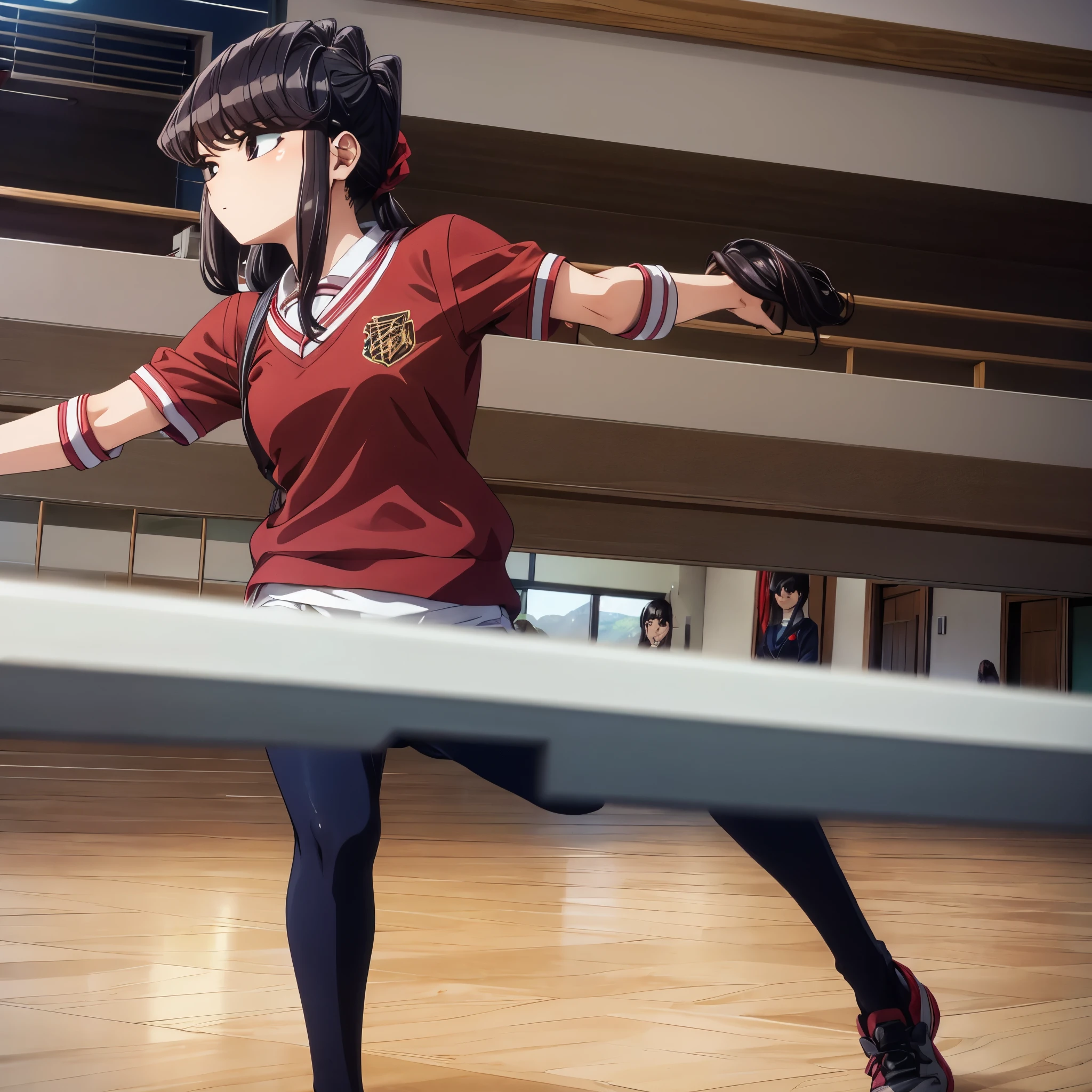 KomiShouko, obra maestra, Mejor calidad, absurdos, 1 chica, mirando al espectador, brazos, pantys, aula, Uniforme escolar, falda roja, Arco rojo, chaqueta de sport, ventana, session, silla, multitud,cruzando las piernas,muslos medianos.