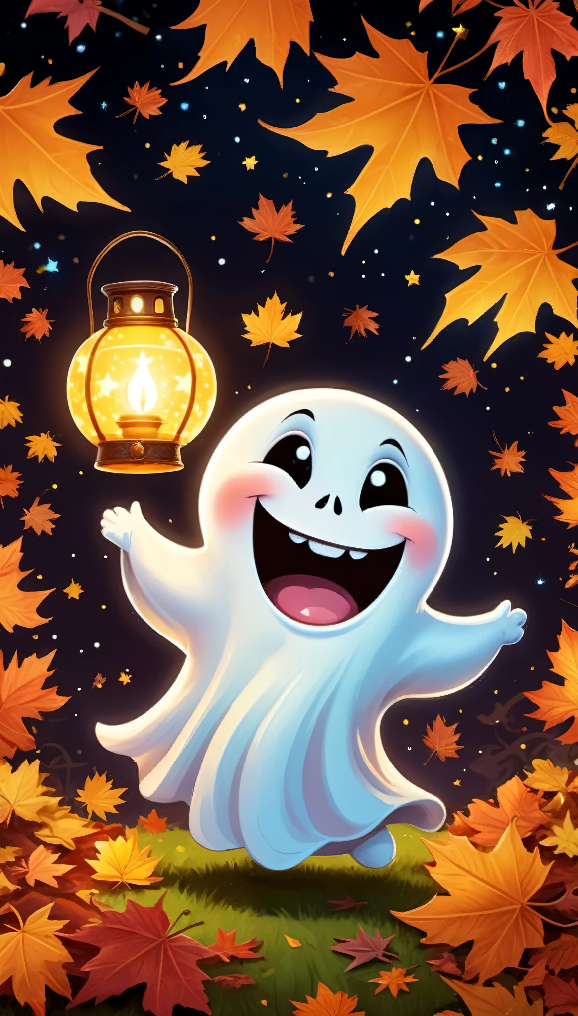 CuteCartoonAF, Cute Cartoon, masterpiece in maximum 16K resolution, superb quality, (a big sticker) on the modern fridge, designed as a cheerful ghost character holding a glowing lantern, floating amidst (colorful) autumn leaves, a friendly smile and playful expression, with the lantern emitting a warm inviting light, surrounded with twinkling stars and a crescent moon in the night magical sky, intricate gothic symbolore_Detail))
