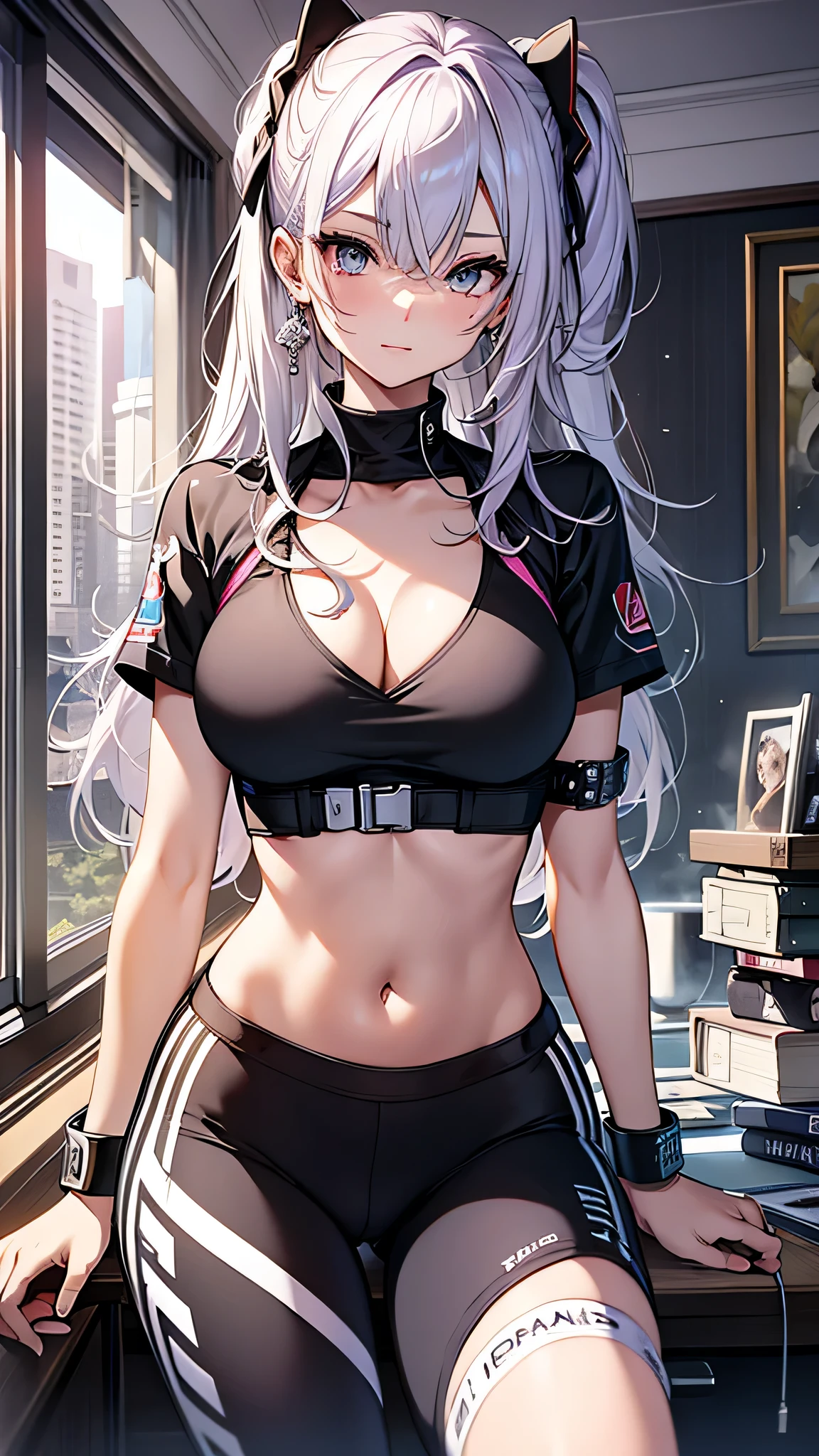 最high quality、best image quality、masterpiece、girl((20-year-old、 By becoming、vest bust、medium bust,wide open breast tea、shining eyes, neon hair、long hair、thin,highest valley、black sports bra、black sports pants、full body tattoo,diamond earrings、Wristband、black jacket)),high quality、beautiful art、background((Beautiful hotel room,table、serial、milk))、Flight、debris flies、Depth of written boundary、movie、visual art、perfect art、8K,genuine、Dynamic Performance