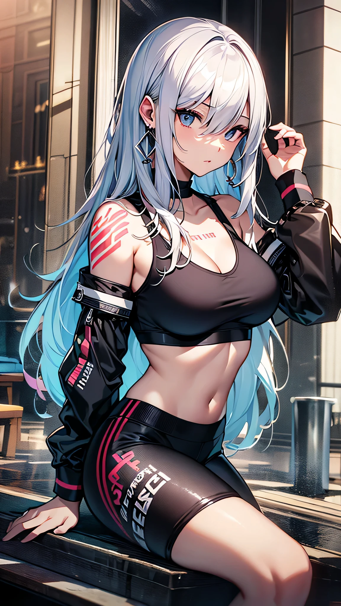 .Raw photo, masterpiece, best quality, ultra-detailed, high resolution, extremely detailed CG, unity 8k wallpaper, official art, production art, novel illustration, caustics, textile shading, super detailed skin, perfect anatomy, detailed, cinematic lighting, dynamic lighting, young and short adult woman, 21 years old, beautiful detailed eyes, (shiny alabaster skin), sexy smile,(nsfw:0.7), (Casual Sports Top and Leggings :1.5), (DD breasts), curvy and thick slim body, large buttocks, blonde, garter belt, Pretty starry pupiled eyes, long lashes, eye shadow, eyeliner, detailed eyes, beautiful eyes, full pink lips, short height(160cm), Two toned hairstyle(Astral colored hair) behind viewer, back shot, hips focus, short height(160cm), shy and timid expression personality