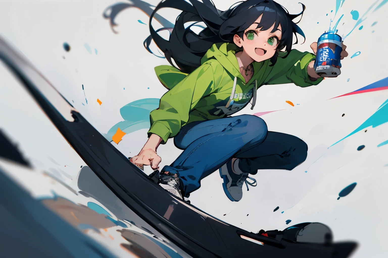 A manga style drawing of a character that I create exclusively for you, based on your preferences and interests. The character is a female, with long black hair, green eyes, and a cute smile. She wears a green hoodie, blue jeans, and black sneakers. She has a tattoo of a microphone on her left arm, and a necklace with the letters REUSK 7. She is holding a guitar and a spray can. She is cheerful, friendly, and creative. The character looks older and more mature, as you asked me to make her look like she is 25 years old. The character is wearing a different outfit or doing a different pose than the previous one, as you asked me to surprise you.