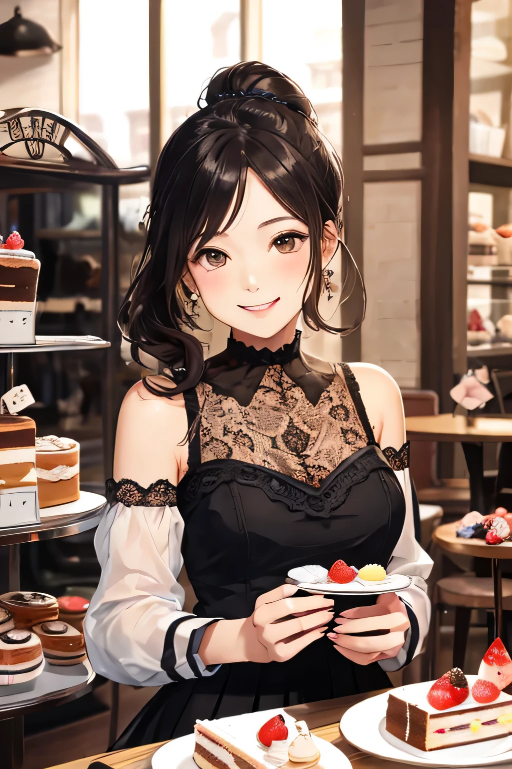 highest quality、High resolution、detailed background、Beautiful and dense face、beautiful and smooth skin、skin texture、cute10代の美少女、realistic、perfect body line、braided ponytail、cute髪型、Calm atmosphere、
happy look、smile、laughter、sexual expression、Upper body、Tea time at the cafe、(Enjoy cakes and sweets while chatting at a cute cafe:1.5)、
Choose lace tops and flared skirts in white or pastel colors.、sandals or heels、
If the lace top is see-through, Wear it elegantly by layering it with an inner camisole..、
Choose a lace blouse in a soft color and add feminine movement with a pleated skirt.、
Adding lace to the sleeves and collar of the blouse makes it even more cute.、
Choose a colorful lace camisole、Add elegance with a midi skirt。、cute
