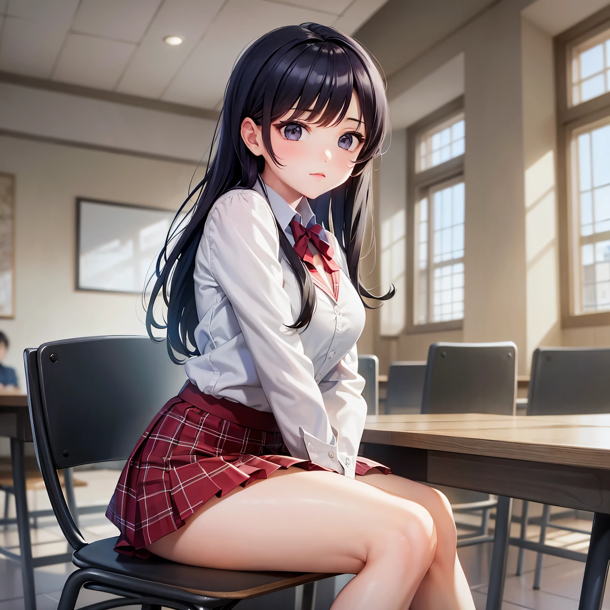 komiShouko, masterpiece, best quality, absurdres, 1girl, looking at viewer, v arms, pantyhose, classroom, school uniform, red skirt, red bow, blazer, window, sitting, chair, crowd,crossing legs,medium thighs.