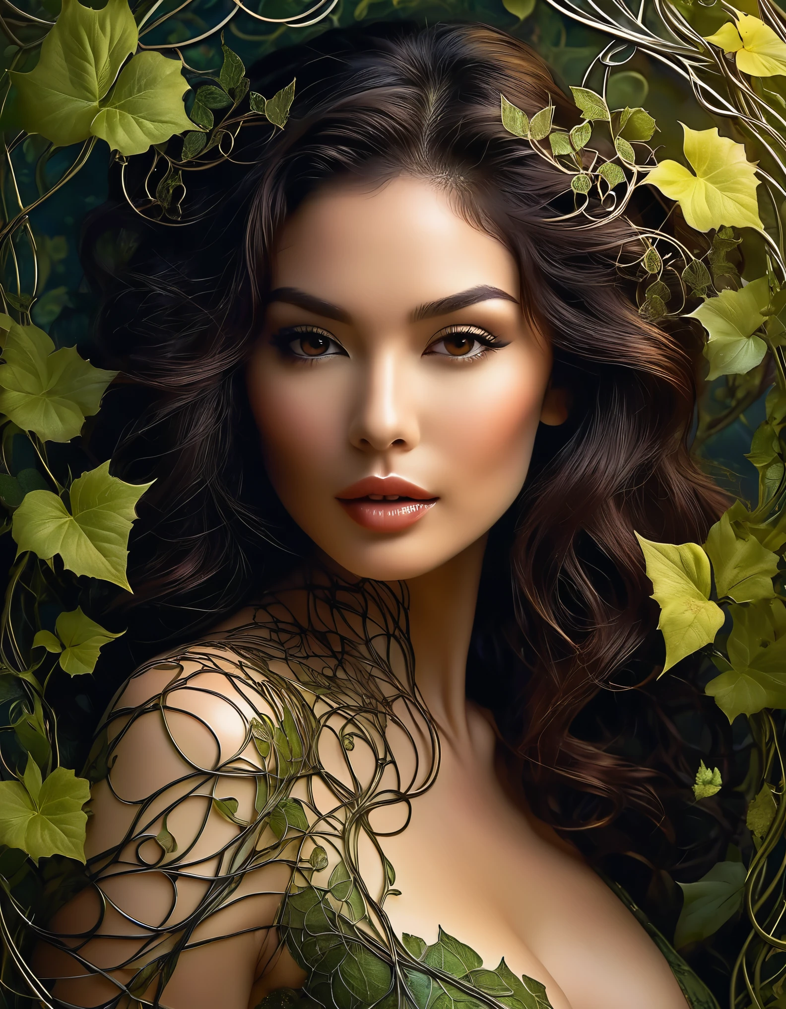 A stunning woman with a sultry look and a hint of mischief, surrounded by delicate, intertwined vines and fractal designs.