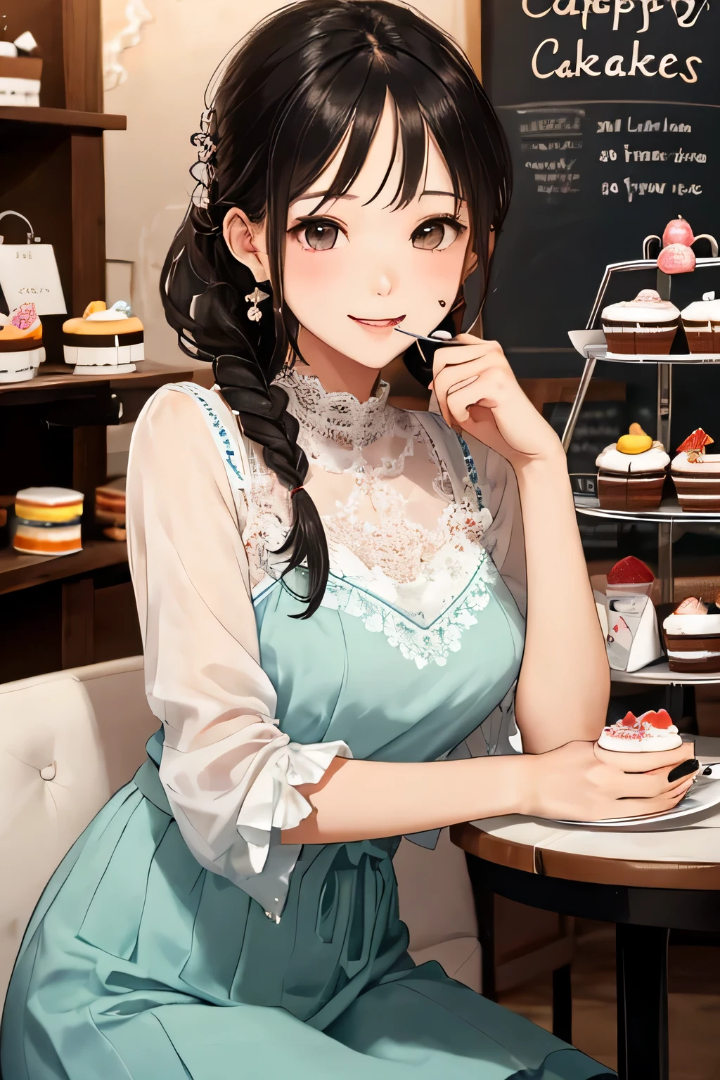 highest quality、High resolution、detailed background、Beautiful and dense face、beautiful and smooth skin、skin texture、cute10代の美少女、realistic、perfect body line、braided ponytail、cute髪型、Calm atmosphere、
happy look、smile、laughter、sexual expression、Upper body、Tea time at the cafe、(Enjoy cakes and sweets while chatting at a cute cafe:1.5)、
Choose lace tops and flared skirts in white or pastel colors.、sandals or heels、
If the lace top is see-through, Wear it elegantly by layering it with an inner camisole..、
Choose a lace blouse in a soft color and add feminine movement with a pleated skirt.、
Adding lace to the sleeves and collar of the blouse makes it even more cute.、
Choose a colorful lace camisole、Add elegance with a midi skirt。、cute