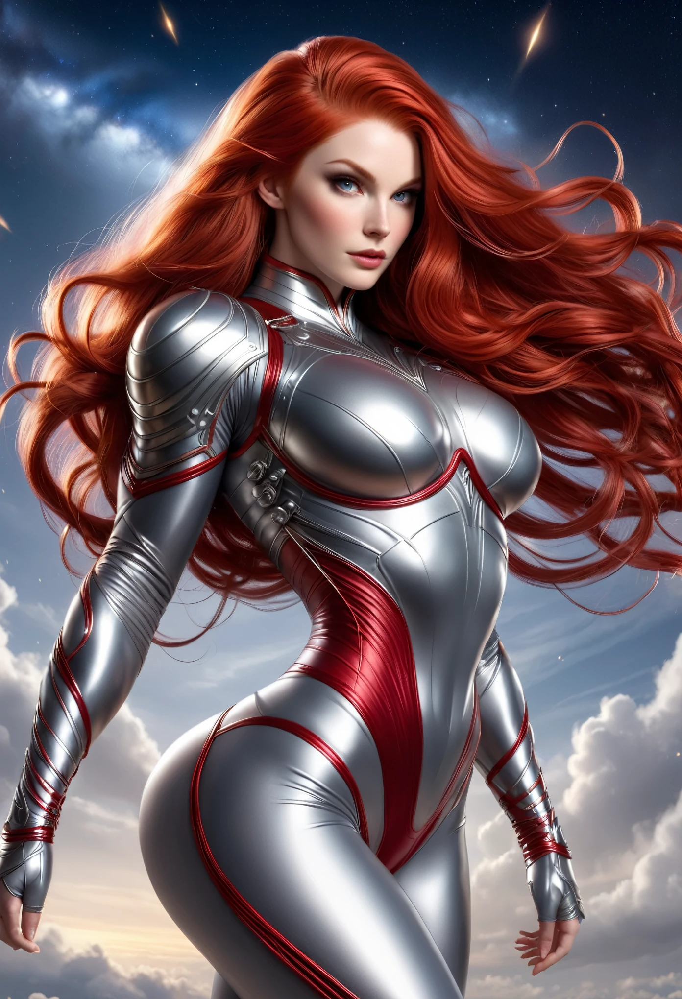 RED-HEADED VALKYRIE BOMBSHELL, pale skin, light gray eyes, high cheekbones, rosy cheeks, MENTAL FORAMEN, HUGE LONG HAIR, DOUBLE BRAIDING HAIR, SILVER THONG LEOTARD ARMOR, long sleeves, BODY BORDEAUX SOB, NECK OF THE BODY, LONG SILVER GAUNTLETS, ATHLETIC CURVED BODY, DETAILED QUADRICEPS, muscles, Side view of the body, full body perspective, SPRITE LIGHTINGS, night sky, accurate image, artwork.