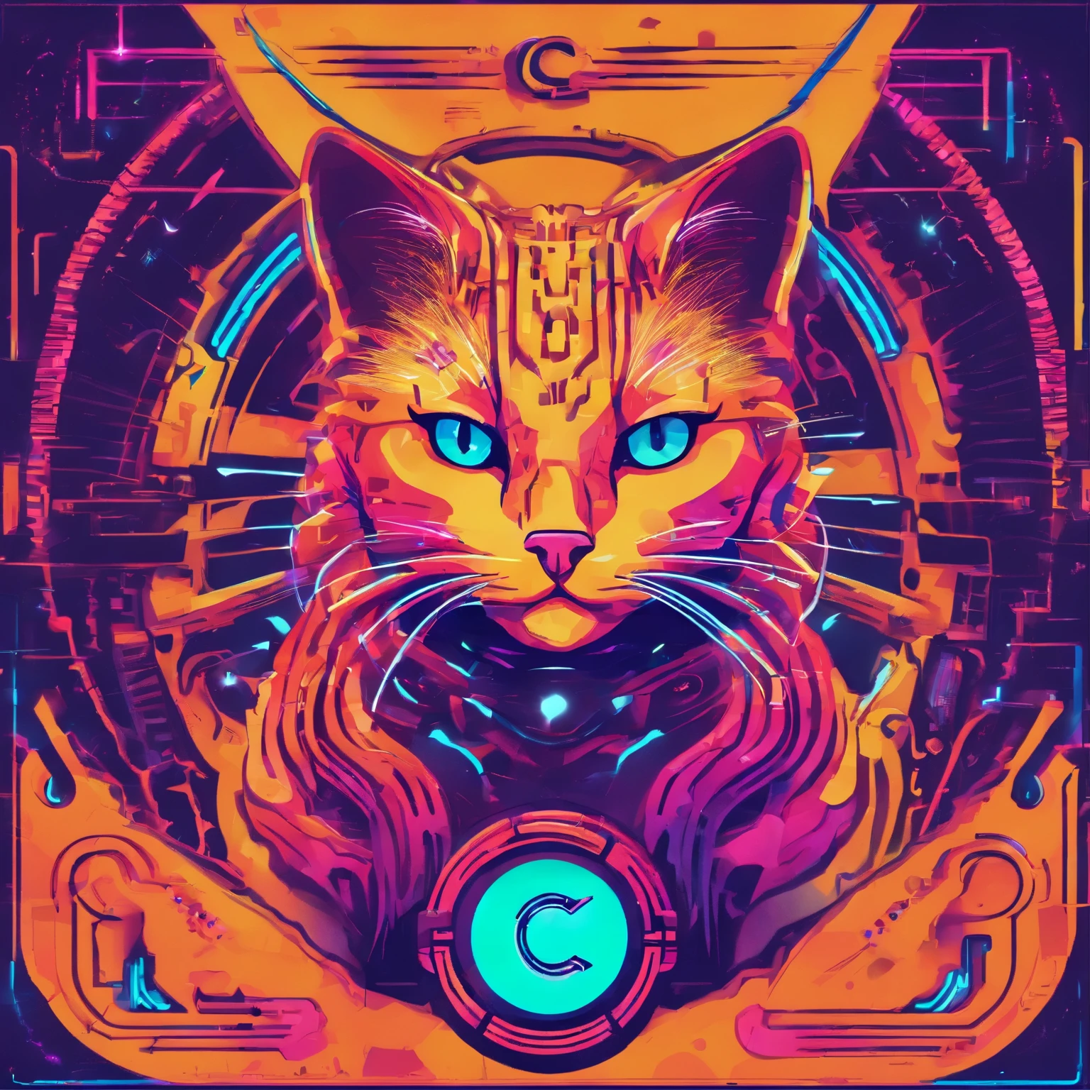 Develop an illustration of the logo for CyberCat (CC), a memecoin that combines the essence of cats with the innovation of cybernetic technology. The logo should depict a stylized cat with bright eyes and cybernetic details, such as integrated circuits on the body and a holographic interface projected in front. The cat should be holding a digital coin between its front paws, symbolizing its involvement in the world of cryptocurrencies. The font of the text "CC" should be modern and futuristic, with elements reminiscent of computer code. Feel free to add additional details that enhance CyberCat's unique personality and its connection to the technological and innovative community.
