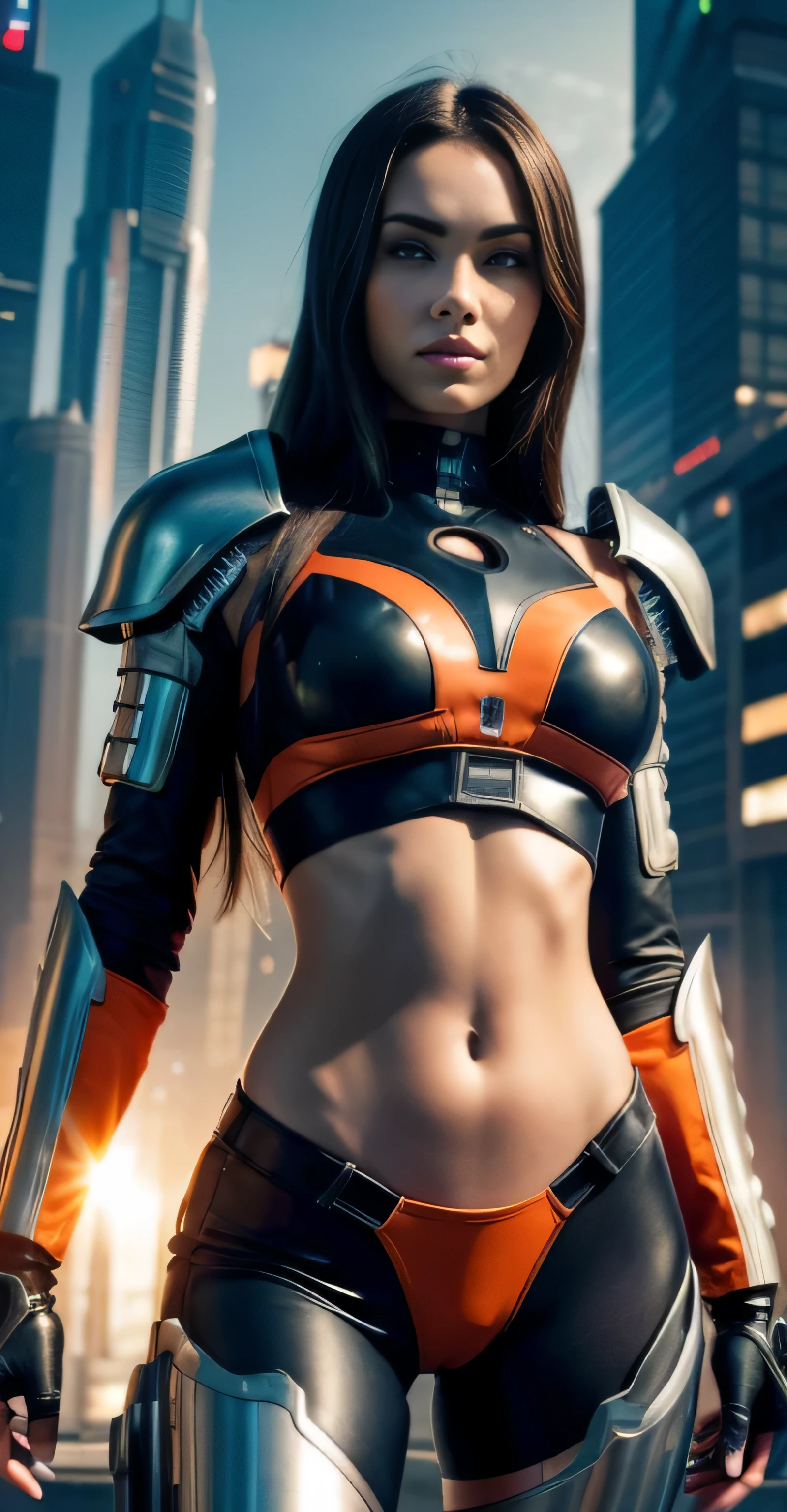 ((masterpiece, 8K, 3D, Realistic, Super Detail)), (1girl:1.3), slender 17 age, Ultra Micro photography, Super realistic, Perfect face, Beautiful features, ((Perfect female body)) Beautiful features, ( body), ((small hip)), Megan Fox as (((2 piece Bikini))), Sci-fi futuristic cyberpunk ((bionic orange chest metal armor suit)), Futuristic soldier, ((Exposed thigh)), Exposed Skin, Front Full body Shot, full body portrait, futuristic city background
