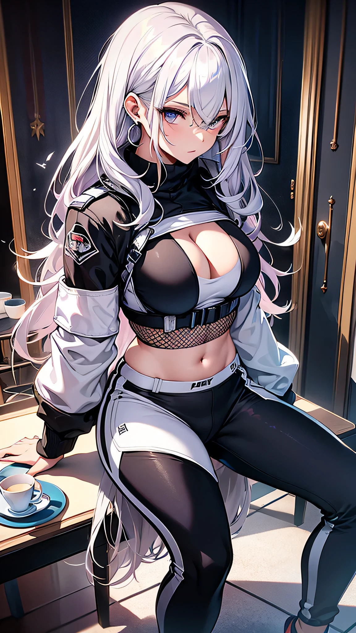最high quality、best image quality、masterpiece、girl((20-year-old、 By becoming、vest bust、medium bust,wide open breast tea、shining eyes, silver hair、long hair、thin,highest valley、black sports bra、black sports pants、full body tattoo,diamond earrings、Wristband、black jacket)),high quality、beautiful art、background((Beautiful hotel room,table、serial、milk))、Flight、debris flies、Depth of written boundary、movie、visual art、perfect art、8K,genuine、Dynamic Performance