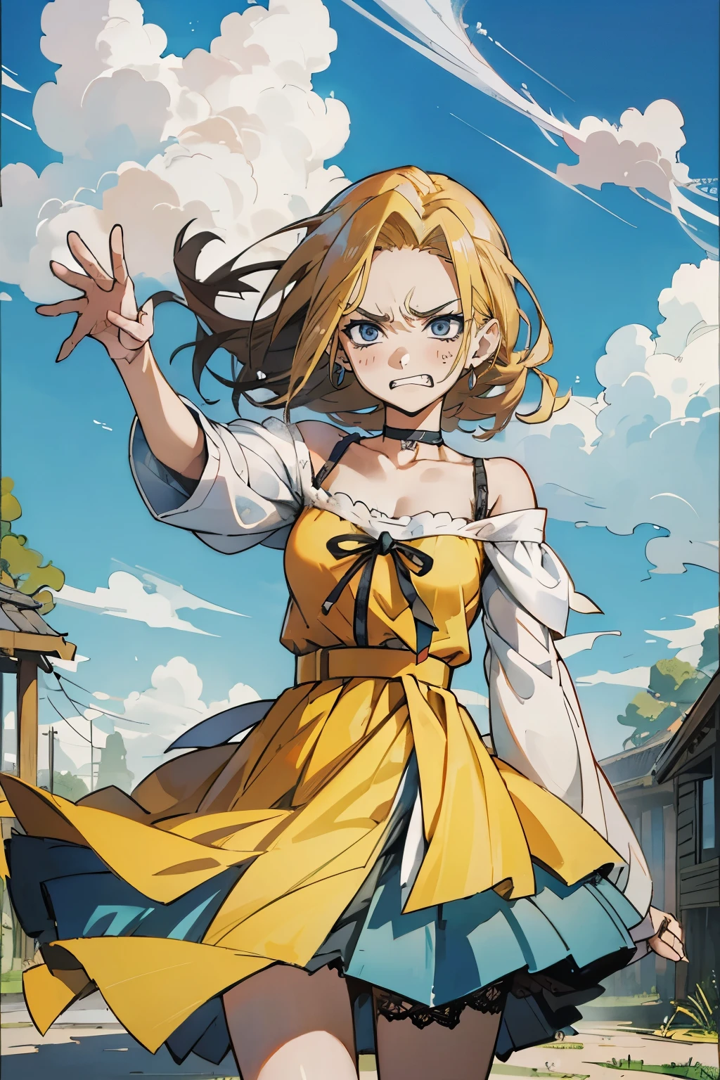 masutepiece, Best Quality, Ultra-detailed, Tenza, jigokuraku, 1 girl, blonde hair, Gray eyes, showa town, Ruins, Bang, Beautiful sky, shining sky, Sunshine, Smiling, Waving, Black Belt, black choker, Dresses that blow the wind, black Lace dress, wool sweaters, Off-shoulder sleeves