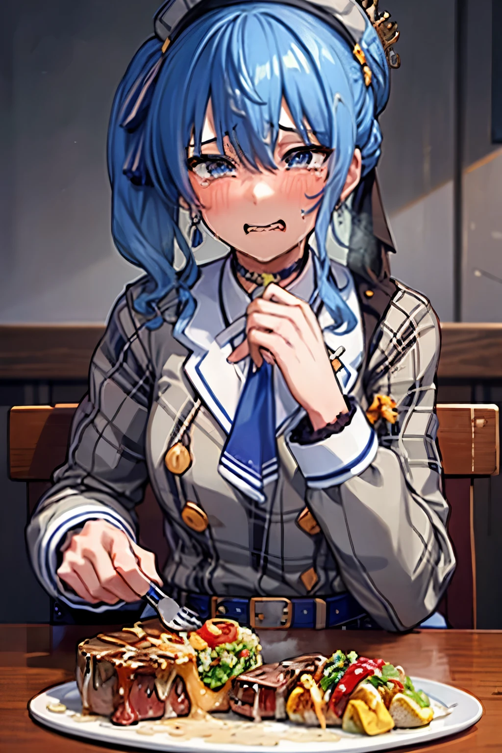 （steak on a plate） , (((( cum on steak, facial)))),flat chest,8k,highest quality,masterpiece, highest quality, High resolution, side ponytail, hoshimachi suisei,flat tits,flat breasts,（flat chest）,slender , skinny , (((( holding fork with a hand)))) , put one hand on the desk, disgust, ((( crying ))), teardrops ,pov ,perfect finger,irritated face, heavy breathing,