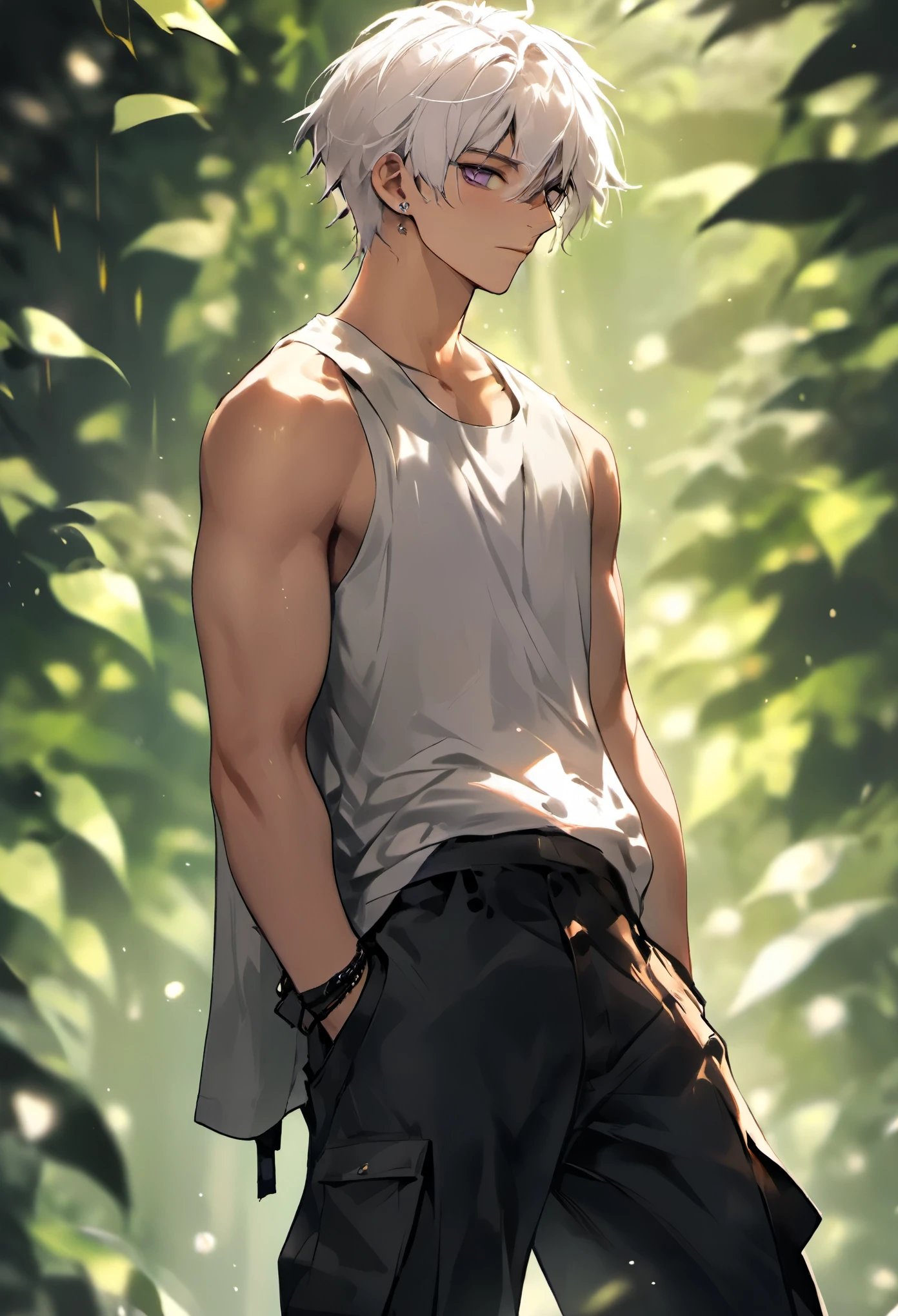 ((8k resolution masterpiece)) 1male, full body art, anime, Young adult, midnight purple eyes, wild short white hair, mid length white hair, defined dody, slim toned, light skin, casual expression, black tank top, black cargo pants, 