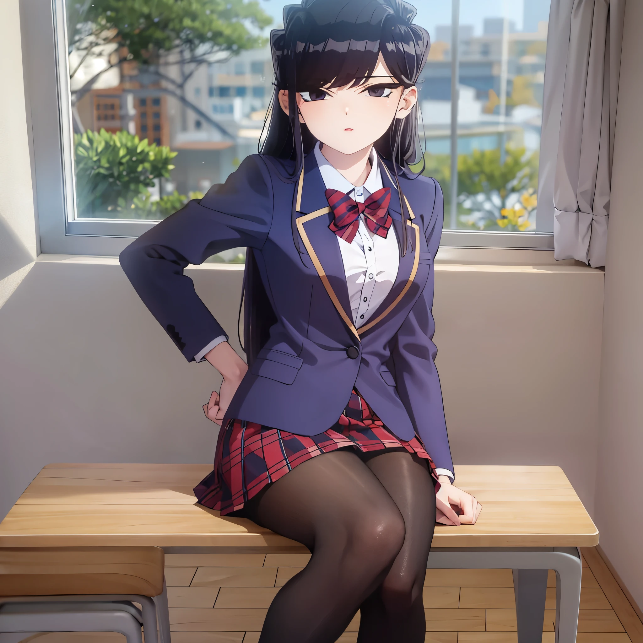 komiShouko, masterpiece, best quality, absurdres, 1girl, looking at viewer, v arms, pantyhose, classroom, school uniform, red skirt, red bow, blazer, window, sitting, chair, crowd,crossing legs,medium thighs.