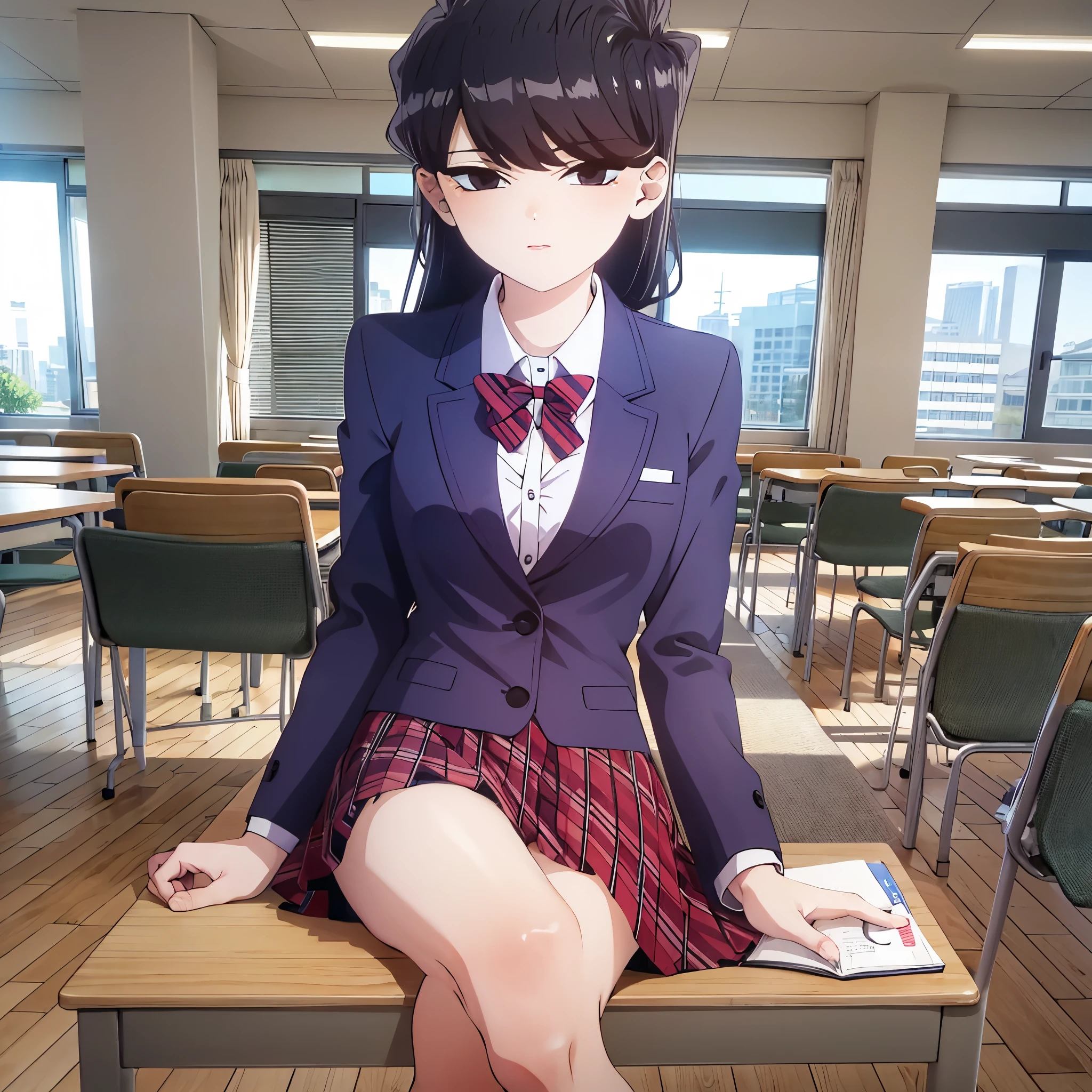 komiShouko, masterpiece, best quality, absurdres, 1girl, looking at viewer, v arms, pantyhose, classroom, school uniform, red skirt, red bow, blazer, window, sitting, chair, crowd,crossing legs,medium thighs.