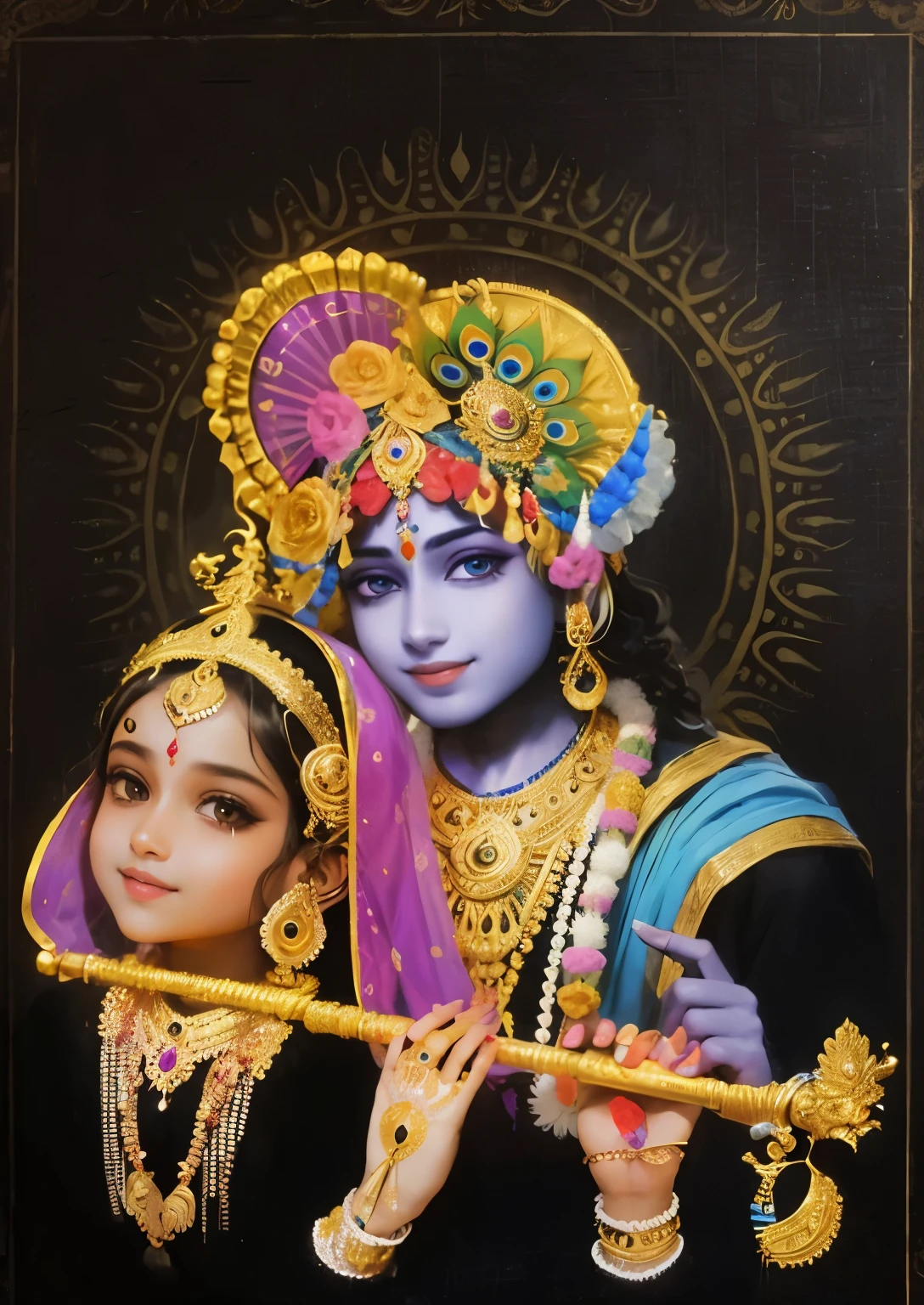 RadhaKrishna holding a golden flute, black hd, adorable faces, divine smiles, different patterns, peacock feathers