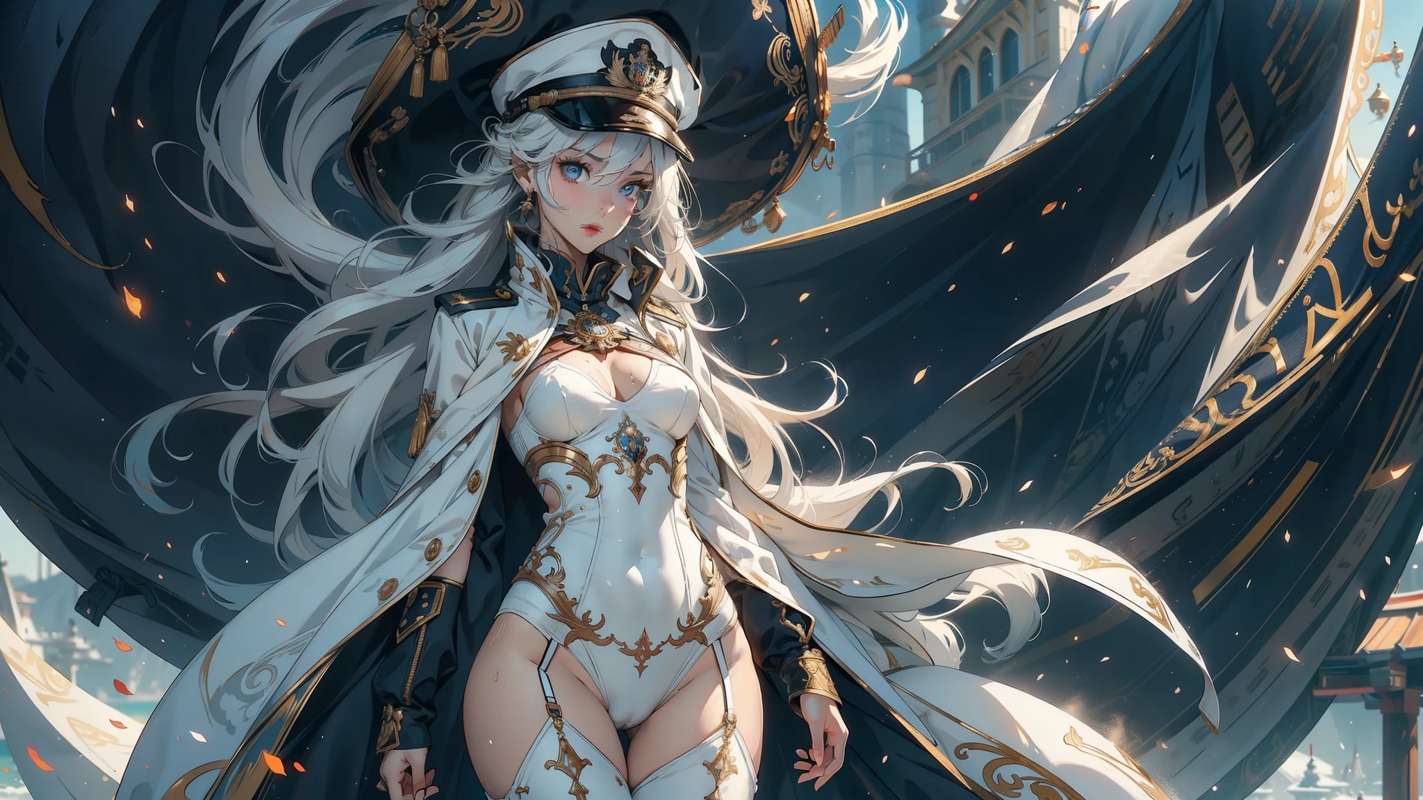 1woman,solo, 23 years old,bit girl,Small ,smallunderboob,Big breasts Thin waist,long leges,Raised sexy,Pornographic exposure, solo,Beauty contests,standing on your feet(Background with:the sea,snow mountains,warships,at winter season,Blizzarding,Big snowflakes)On warships, with his long white hair,Long hair flutters in the wind,dynamicposes,Sweat profusely,drenched all over the body,seen from the front, hair straight, mostly cloudy sky,(((tmasterpiece),(Very detailed CG unity 8K wallpaper),best qualtiy,cinmatic lighting,detailed back ground,beatiful detailed eyes,Bright pupils,(Very fine and beautiful),(Beautiful and detailed eye description),Blue eyes,Redlip,ultra - detailed,tmasterpiece,)),facing at camera,(The upper part of the body),A high resolution,ultra - detailed),revealing breasts,Bare genitalia, Bulge,legs are open,sexyposture,Camel toes,Flushed complexion,Open-mouthed,frontage,Tsarist Russian officer,Officer's cap,elementary student(Wearing:White cloak,down jacket,White winter officer uniform,Sexy leggings,Armour,Gold wire embroidery,Snowflake decoration)