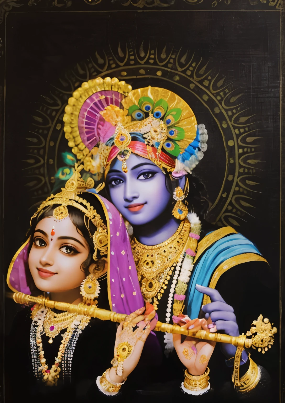 RadhaKrishna holding a golden flute, black hd, adorable faces, divine smiles, different patterns, peacock feathers