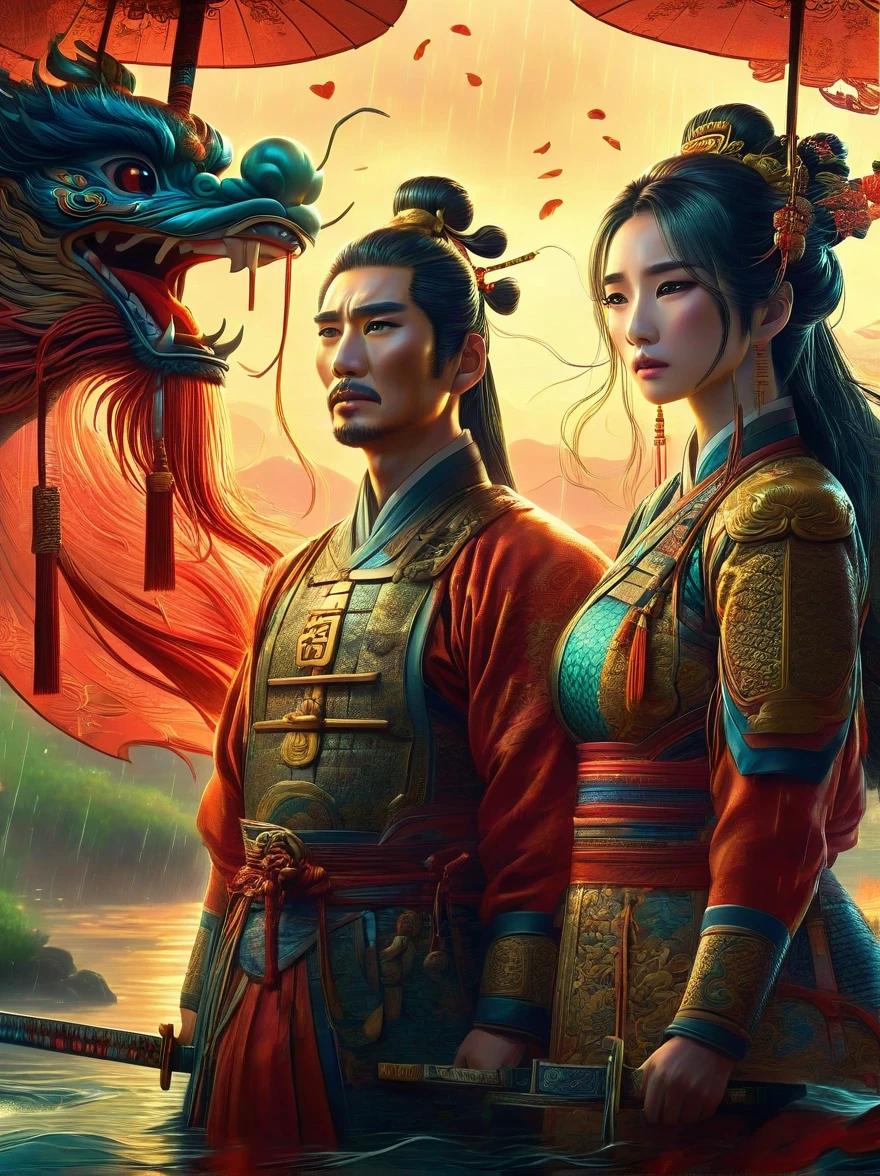 Chinese general and beautiful concubine standing by the river，Both of them had tears on their faces，Sadness and crying。((The general holds his sword to his neck:1.5))，despair，((The princess burst into tears beside him))，sad scene，downpour，Emphasizing the extent of their tragedy and the emotional depth of their farewells，traditional Chinese attire, and emotional expressions should all contribute to a vivid portrayal of their tearful, heartbreaking moment.