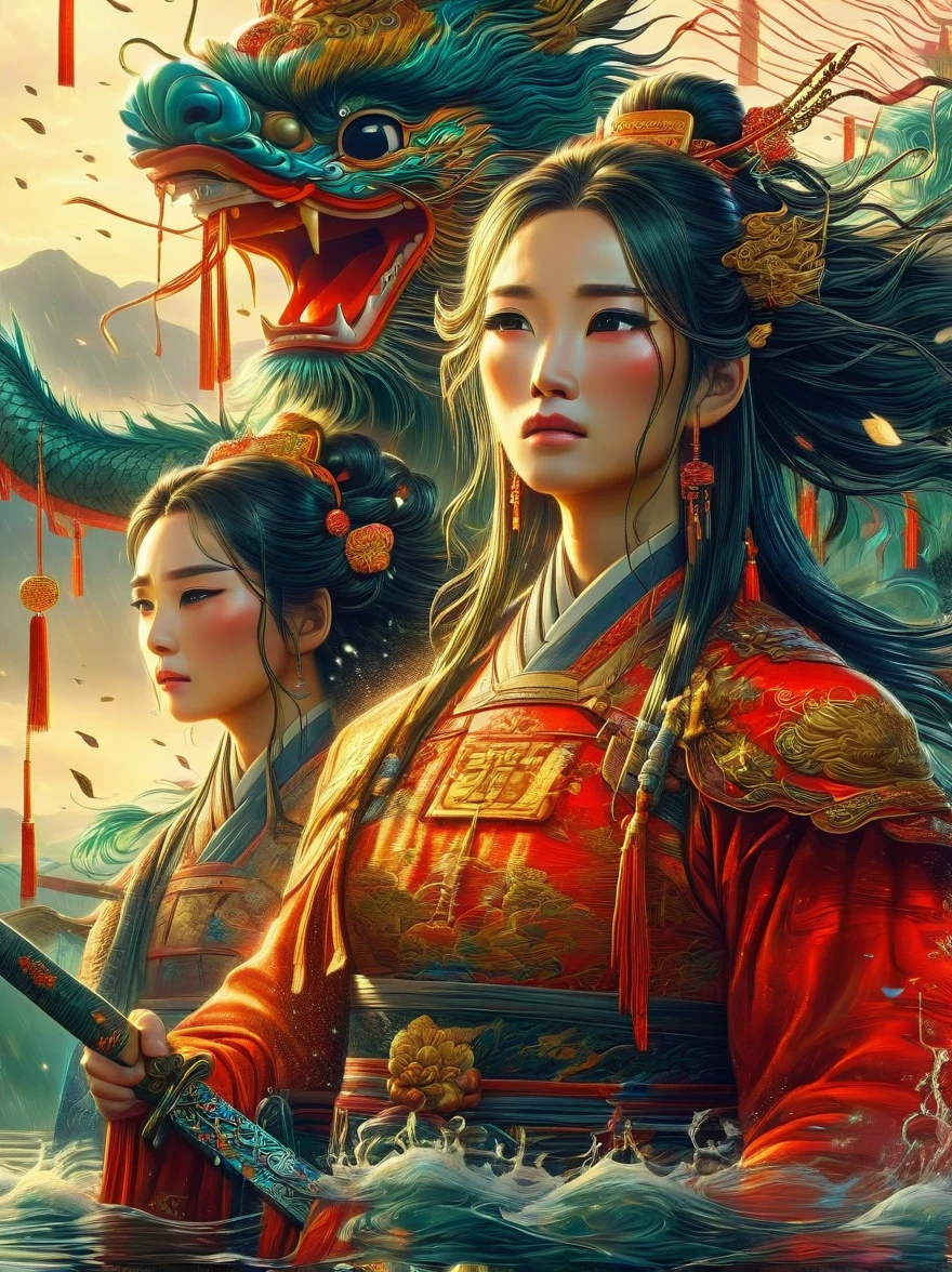 Chinese general and beautiful concubine standing by the river，Both of them had tears on their faces，Sadness and crying。((The general holds his sword to his neck:1.5))，despair，((The princess burst into tears beside him))，sad scene，downpour，Emphasizing the extent of their tragedy and the emotional depth of their farewells，traditional Chinese attire, and emotional expressions should all contribute to a vivid portrayal of their tearful, heartbreaking moment.