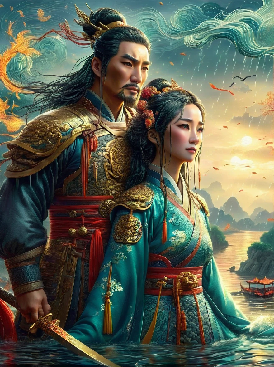 Chinese general and beautiful concubine standing by the river，Both of them had tears on their faces，Sadness and crying。((The general holds his sword to his neck:1.5))，despair，((The princess burst into tears beside him))，sad scene，downpour，Emphasizing the extent of their tragedy and the emotional depth of their farewells，traditional Chinese attire, and emotional expressions should all contribute to a vivid portrayal of their tearful, heartbreaking moment.