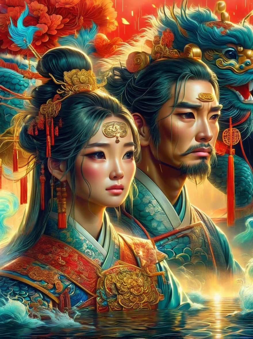 Chinese general and beautiful concubine standing by the river，Both of them had tears on their faces，Sadness and crying。((The general holds his sword to his neck:1.5))，despair，((The princess burst into tears beside him))，sad scene，downpour，Emphasizing the extent of their tragedy and the emotional depth of their farewells，traditional Chinese attire, and emotional expressions should all contribute to a vivid portrayal of their tearful, heartbreaking moment.