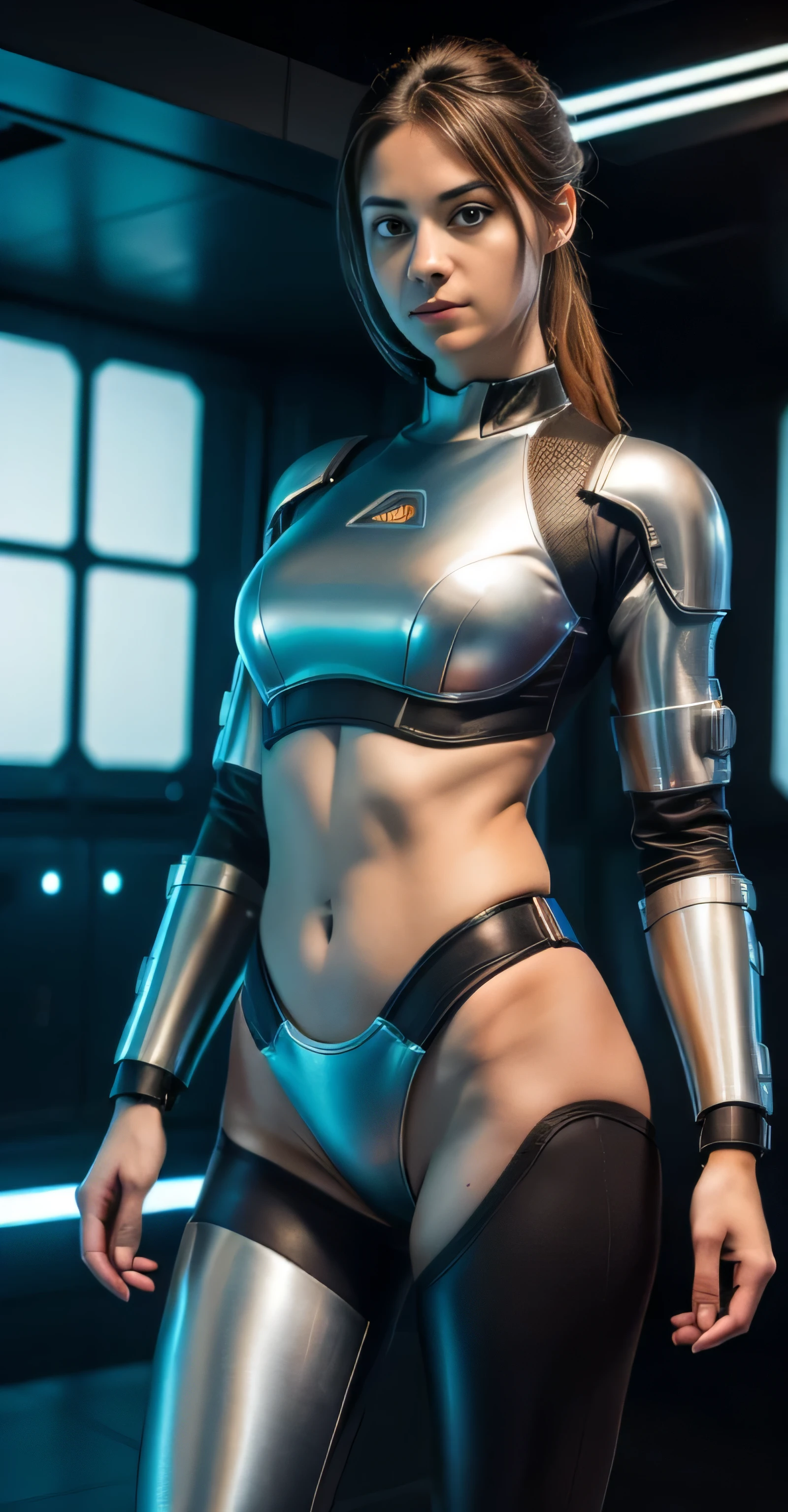 ((masterpiece, 8K, 3D, Realistic, Super Detail)), (1girl:1.3), slender 17 age, Ultra Micro photography, Super realistic, Perfect face, Beautiful features, ((Perfect female body)) Beautiful features, ( body), ((small hip)), Shailene Woodley as (((2 piece Bikini))), Sci-fi futuristic cyberpunk ((bionic orange chest metal armor suit)), Futuristic soldier, ((Exposed thigh)), Exposed Skin, Front Full body Shot, full body portrait, futuristic city background
