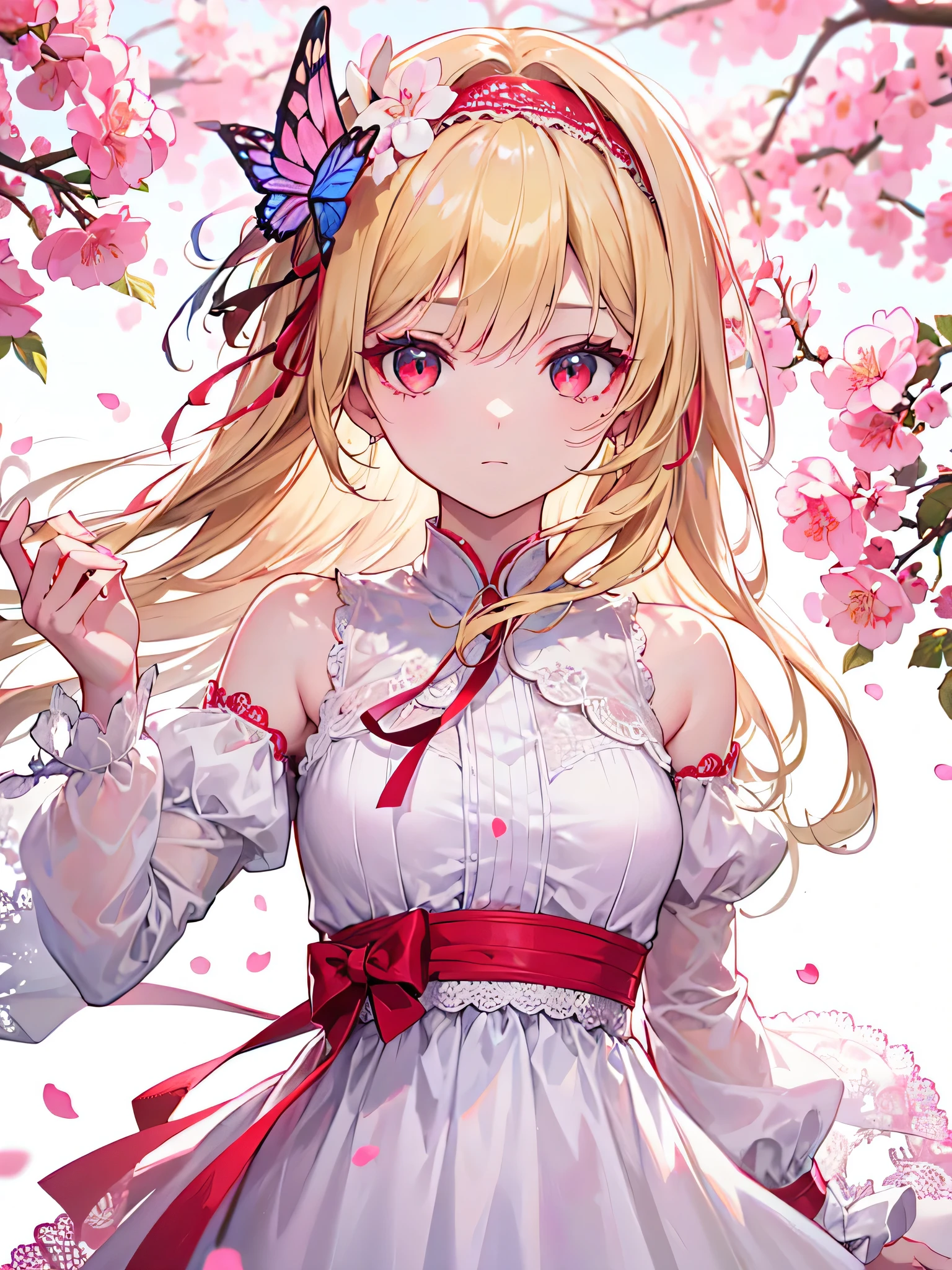 (CG unity 8k wallpaper extremely detailed) (better quality) (better lighting) (an extremely delicate and beautiful) (floating) (beautiful) (spring atmosphere) (1girl) (long blond hair), (hair headband), (detailed and beautiful red eyes), ((very short white dress, pink lace underside), (lace), ((light transparent silk))), (cherry blossom petals), (butterflies), (dof), (volumetric light) cinematic lighting, chromatic aberration, Sony FE GM, textured skin, high details, highres, 8k