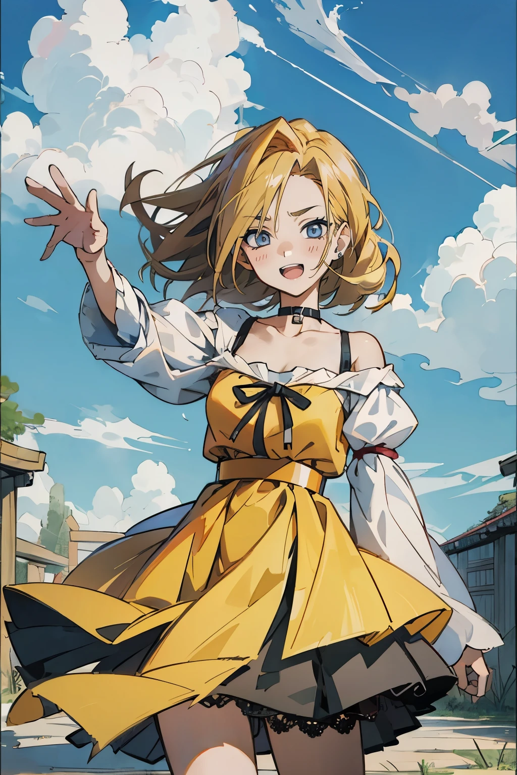 masutepiece, Best Quality, Ultra-detailed, Tenza, jigokuraku, 1 girl, blonde hair, Gray eyes, showa town, Ruins, Bang, Beautiful sky, shining sky, Sunshine, Smiling, Waving, Black Belt, black choker, Dresses that blow the wind, black Lace dress, wool sweaters, Off-shoulder sleeves