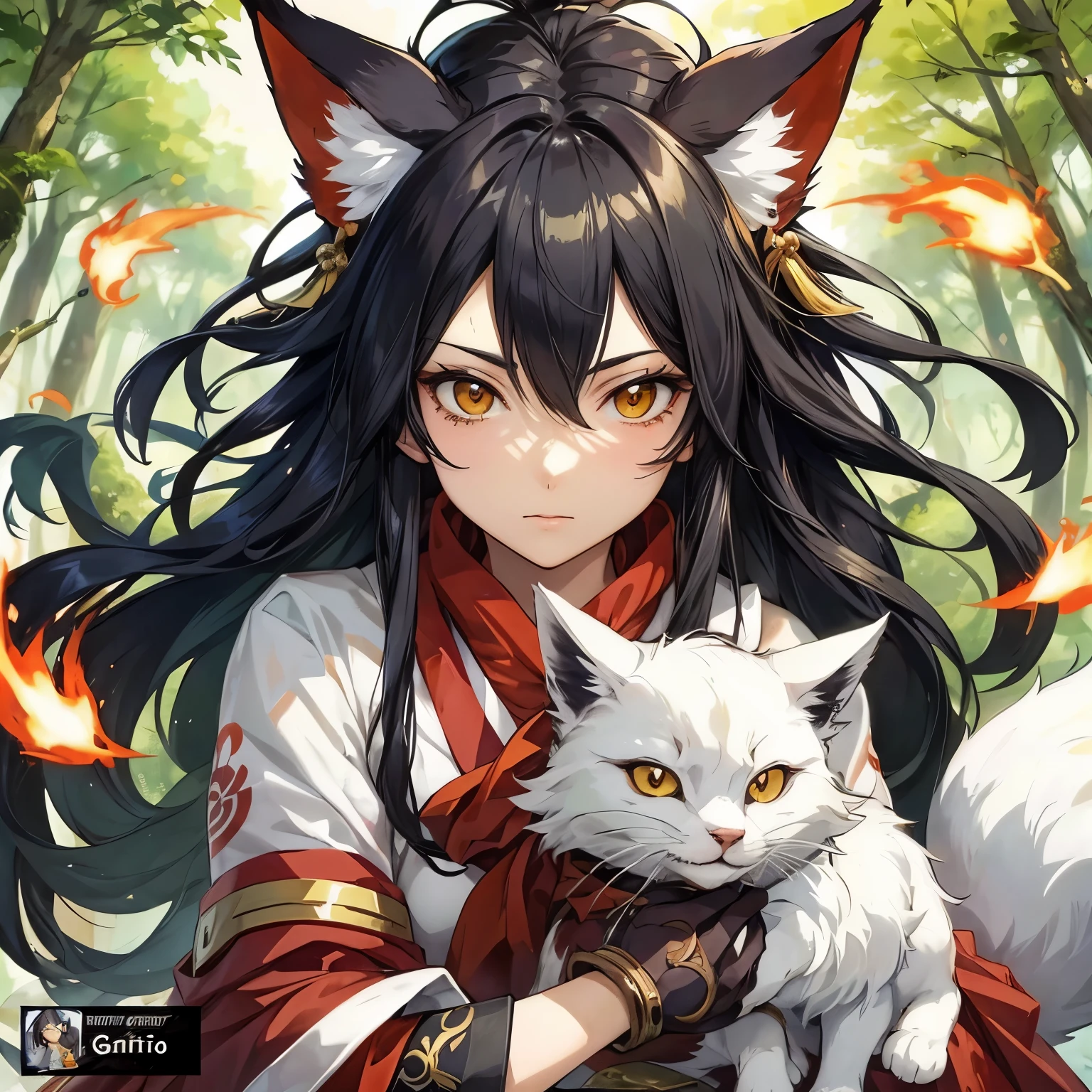 anime girl with long black hair holding a white cat in her arms, linda garota-gato de anime, anime cat, garota de anime com orelhas de gato, gato anime muito linda, anime catgirl, Kitsune, cute anime catgirl, raposa e arbusto, genshin, retrato de Ahri, a beautiful Kitsune woman, gato branco, Kitsune holding torch