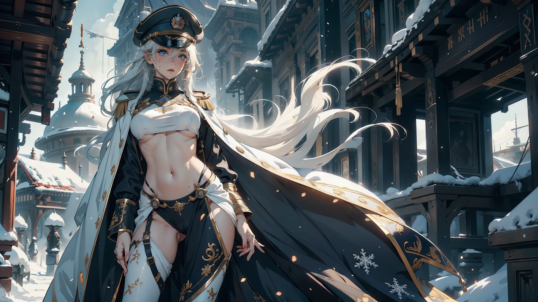 1woman，solo, 23 years old，bit girl , (((underboob)))，medium breasts,  Thin waist，long leges，Raised sexy，Pornographic exposure， solo，Beauty contests，standing on your feet（Background with：the sea，snow mountains，warships，at winter season，Blizzarding，Big snowflakes）On warships， with his long white hair，Long hair flutters in the wind，dynamicposes，Sweat profusely，drenched all over the body，seen from the front， hair straight， mostly cloudy sky，（（（tmasterpiece），（Very detailed CG unity 8K wallpaper），best qualtiy，cinmatic lighting，detailed back ground，beatiful detailed eyes，Bright pupils，（Very fine and beautiful），（Beautiful and detailed eye description），Blue eyes，Redlip，ultra - detailed，tmasterpiece，）），facing at camera，（The upper part of the body），A high resolution，ultra - detailed），revealing breasts，Bare genitalia，  Bulge，legs are open，sexyposture，Camel toes，Flushed complexion，Open-mouthed，frontage，Tsarist Russian officer，Officer's cap，elementary student（Wearing：White cloak，down jacket，White winter officer uniform，Sexy leggings，Armour，Gold wire embroidery，Snowflake decoration）