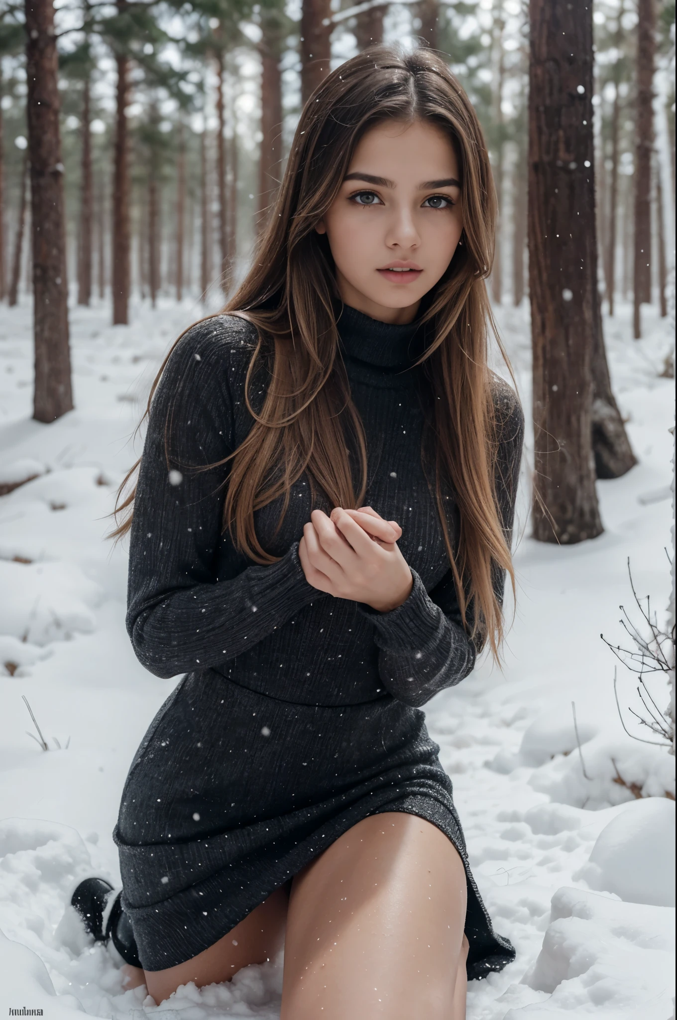 obra maestra, Mejor calidad, 12 year old Russian girl, joven, Hands in esposas (esposaujer rubia , ondulado, Cabello de longitud media sin peinado., Nieve sobre el cabello mojado , Vestido corto con manga larga., Bracelet on left wrist, collar alrededor del cuello, Medias caladas negras, High heels, Su piel estaba cubierta de piel de gallina., Kneeling in deep snow in the middle of a winter forest, mira a lo lejos, Bosque salvaje nevado, Hace Cold, nevando, hermosa cara, Se congela, Los labios se vuelven azules, cuerpo delgado, piernas bien formadas, vapor de la boca, Tears en los ojos, Spread mascara around your eyes. ,aturdido, mirada asustada ,Nieve profunda, Los copos de nieve estan cayendo, El cuerpo se pone rojo ,Cold, Tears, histerismo, miedo, pleas for mercy, pelo lanudo,