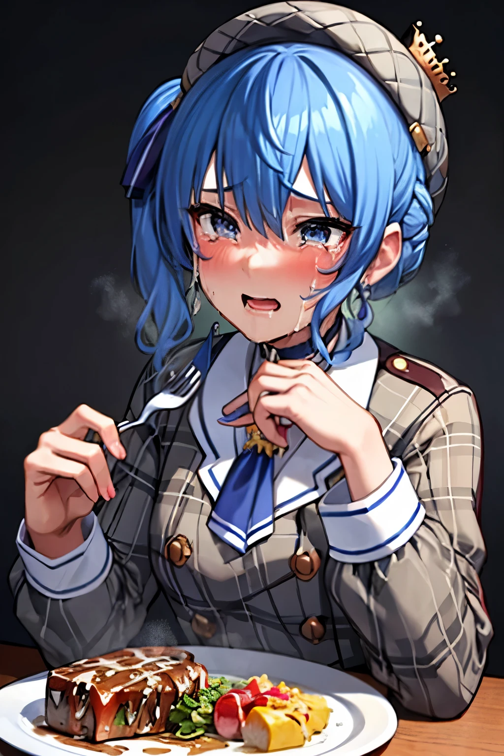 （steak on a plate） , (((( cum on steak, facial)))),flat chest,8k,highest quality,masterpiece, highest quality, High resolution, side ponytail, hoshimachi suisei,flat tits,flat breasts,（flat chest）,slender , skinny , (((( holding fork with a hand)))) , put one hand on the desk, disgust, ((( crying ))), teardrops ,pov ,perfect finger,irritated face, heavy breathing,