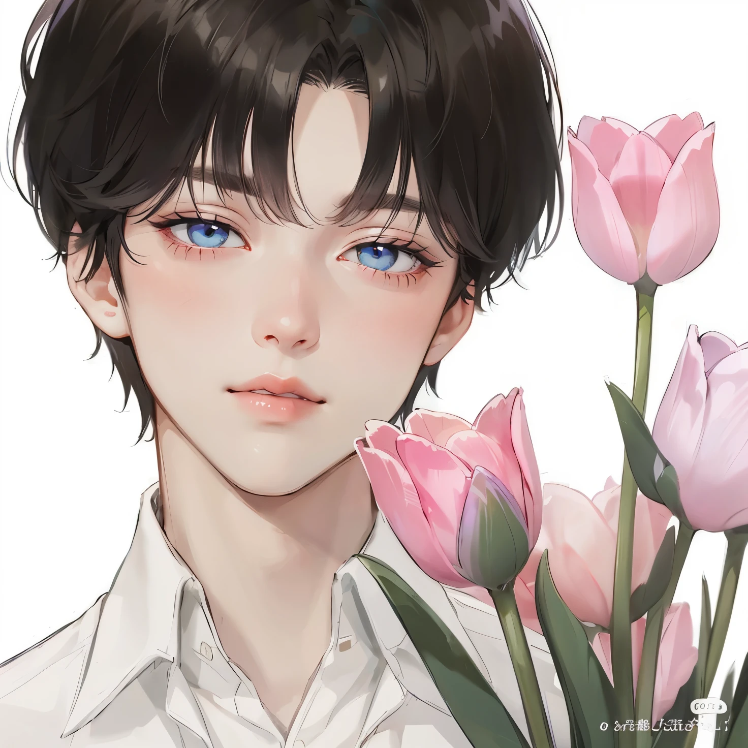 chico anime con cabello ????? y camisa blanca sosteniendo un ramo de flores, delicado, old something older like 24 years, ojos de color de una combinacion entre morado claro y celeste, con una piel suave y clara. Imagen de alta calidad.