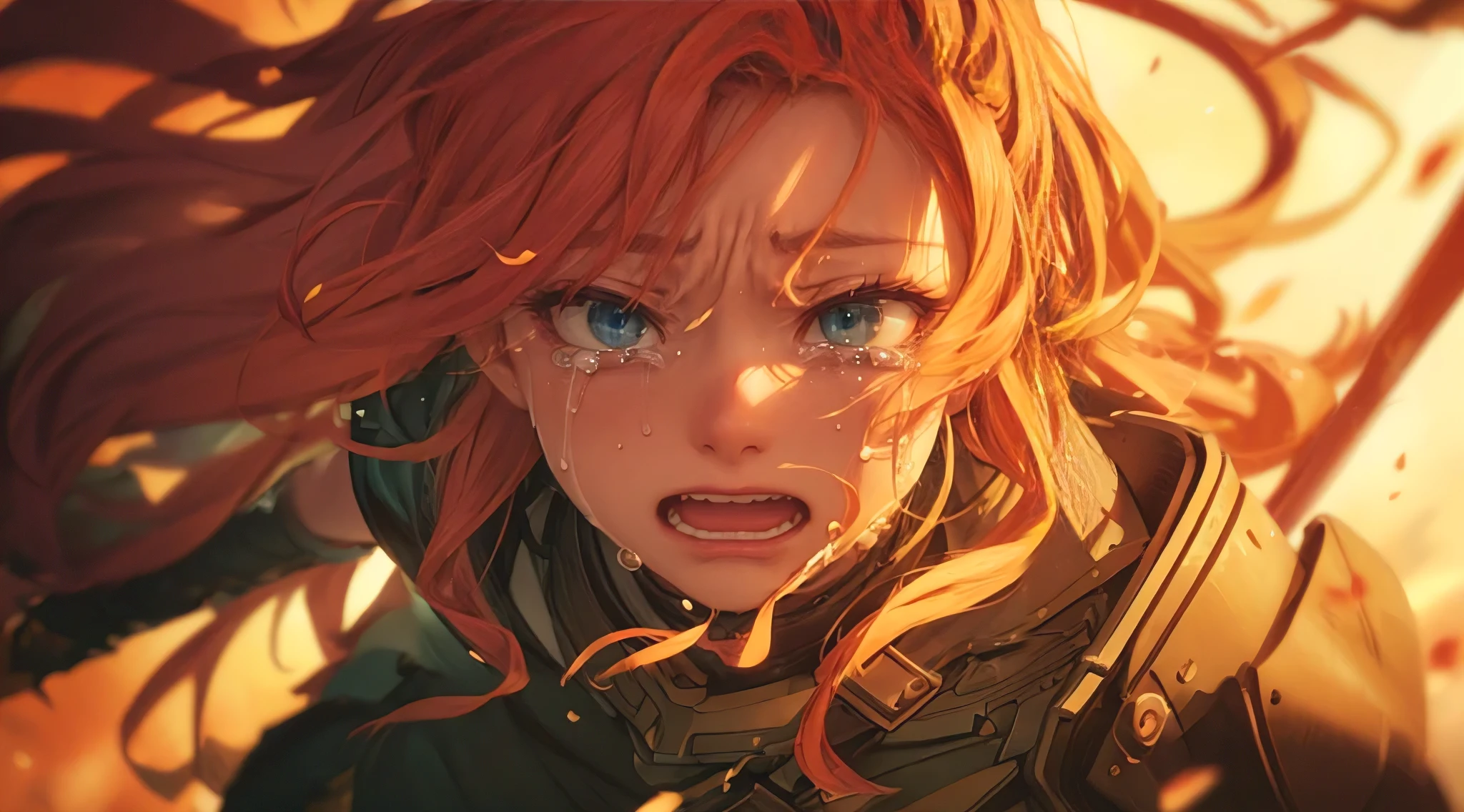 (best quality, masterpiece, ultra-detailed, highres, realistic:1.37), a close up shot of a female warrior, (crying in anger), while launching an attack towards the enemy, tears flow as she fiercely lunges towards her enemy, comic style, cinematic, elaborate details, clean and sharp lines, perfect illustration