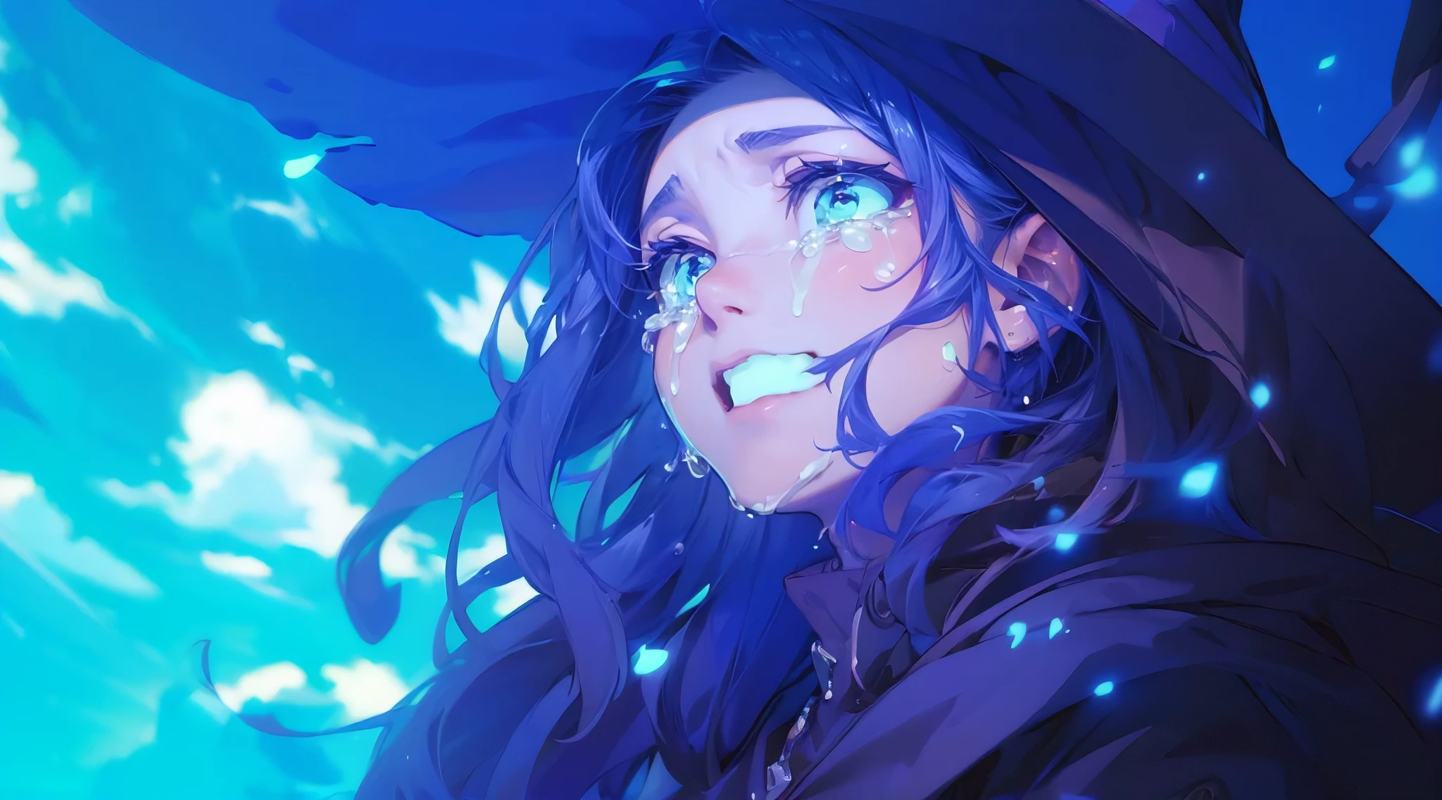 (best quality, masterpiece, ultra-detailed, highres, realistic:1.37), a close up shot of a female mage, (crying in happiness), while witnessing the world restores itself, healing from an evil curse, tears flow as she sits on top of a mountain witnessing the ordeal, comic style, cinematic, elaborate details, clean and sharp lines, perfect illustration
