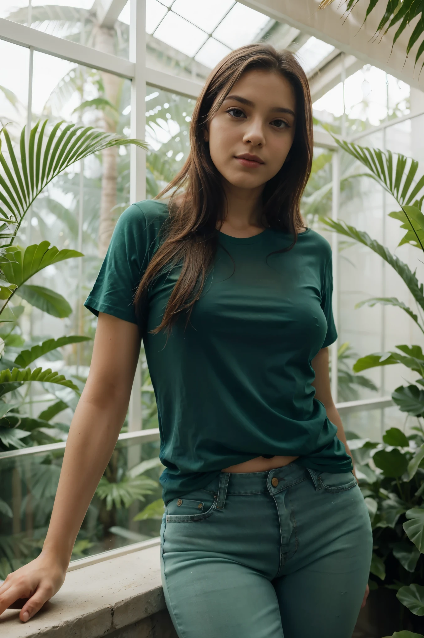 um bonito, Elegante, loira de 20 anos com seios pequenos e cabelos lisos loiros, wearing a green t-shirt and jeans in a glass house full of tropical plants