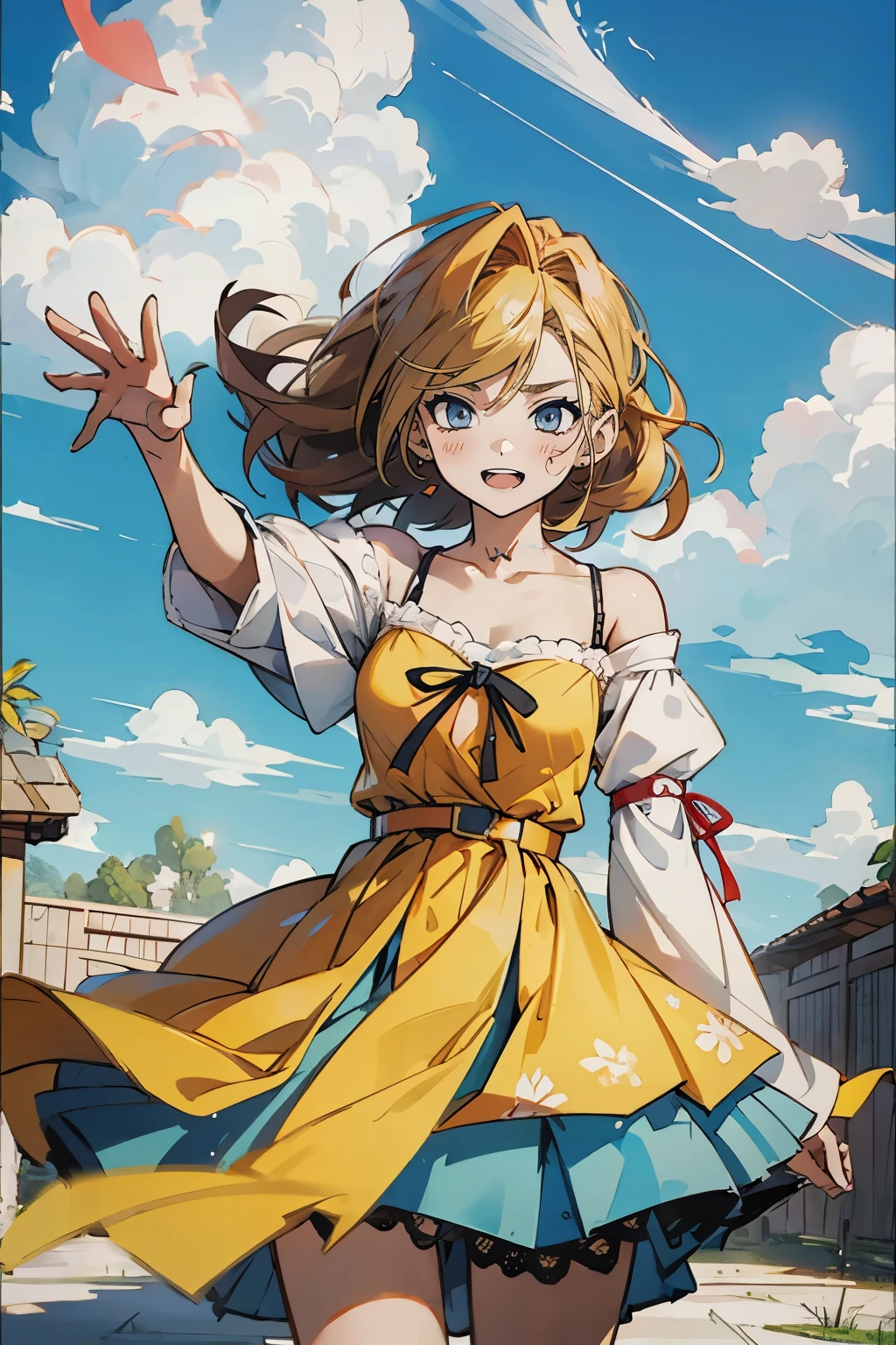 masutepiece, Best Quality, Ultra-detailed, Tenza, jigokuraku, 1 girl, blonde hair, Gray eyes, showa town, Ruins, Bang, Beautiful sky, shining sky, Sunshine, Smiling, Waving, Black Belt, black choker, Dresses that blow the wind, black Lace dress, belt camisole, wool sweaters, Off-shoulder sleeves