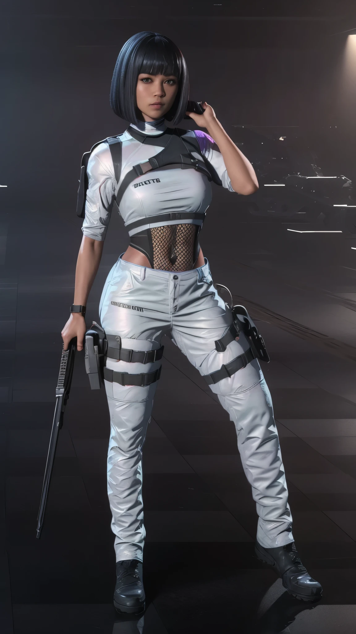 (full body portrait, 1 girl, looking at viewer, highly detailed, anatomy correct:1.4), white pants, black boots, tactical gear, bob haircut, black hair, american features, Sharp focus, katana on back, short sleeve, caucasian, sexy pose, ((Best quality, masterpiece, Very beautiful woman)), Depth-of-field, Multi-layered textures, HDR (High Dynamic Range), Ray Tracing, NVIDIA RTX, Unreal 5, Subsurface scattering, PBR Texturing, Post-processing, Anisotropic Filtering, Maximum clarity and sharpness, Wide aperture, Low ISO, White balance, Rule of thirds, 8K RAW, (extremely slutty), (Highly realistic skin), sharp image, (extremely high quality artwork),