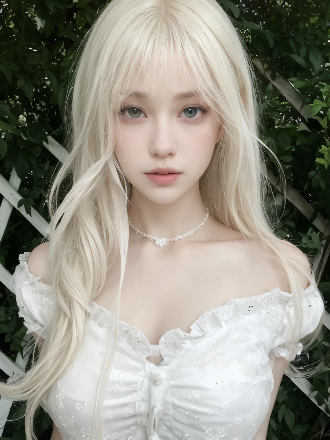 Chica de pelo rubio con vestido blanco y cinta rosa delante de una valla, pelo largo y blanco y flequillo, peinado de corte hime blanco, con el pelo largo y blanco, con pelo largo y blanco, pale milky white porcelain skin, pale porcelain white skin, flequillo blanco, ulzzang, extremely pale blonde hair, very very pale blonde hair, su cabello es blanco, chica con pelo blanco