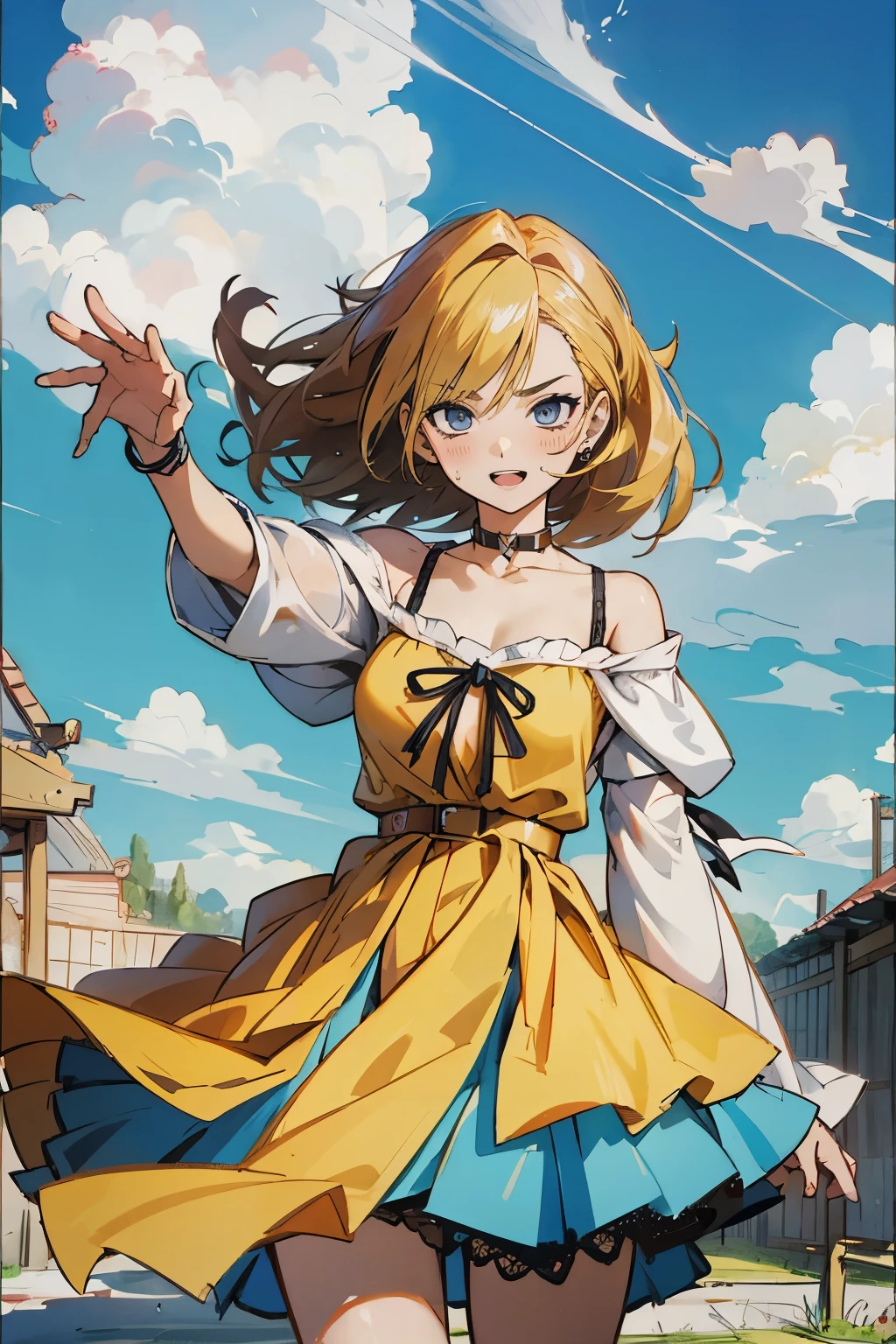 masutepiece, Best Quality, Ultra-detailed, Tenza, jigokuraku, 1 girl, blonde hair, Gray eyes, showa town, Ruins, Bang, Beautiful sky, shining sky, Sunshine, Smiling, Waving, Black Belt, black choker, Dresses that blow the wind, black Lace dress, belt camisole, wool sweaters, Off-shoulder sleeves